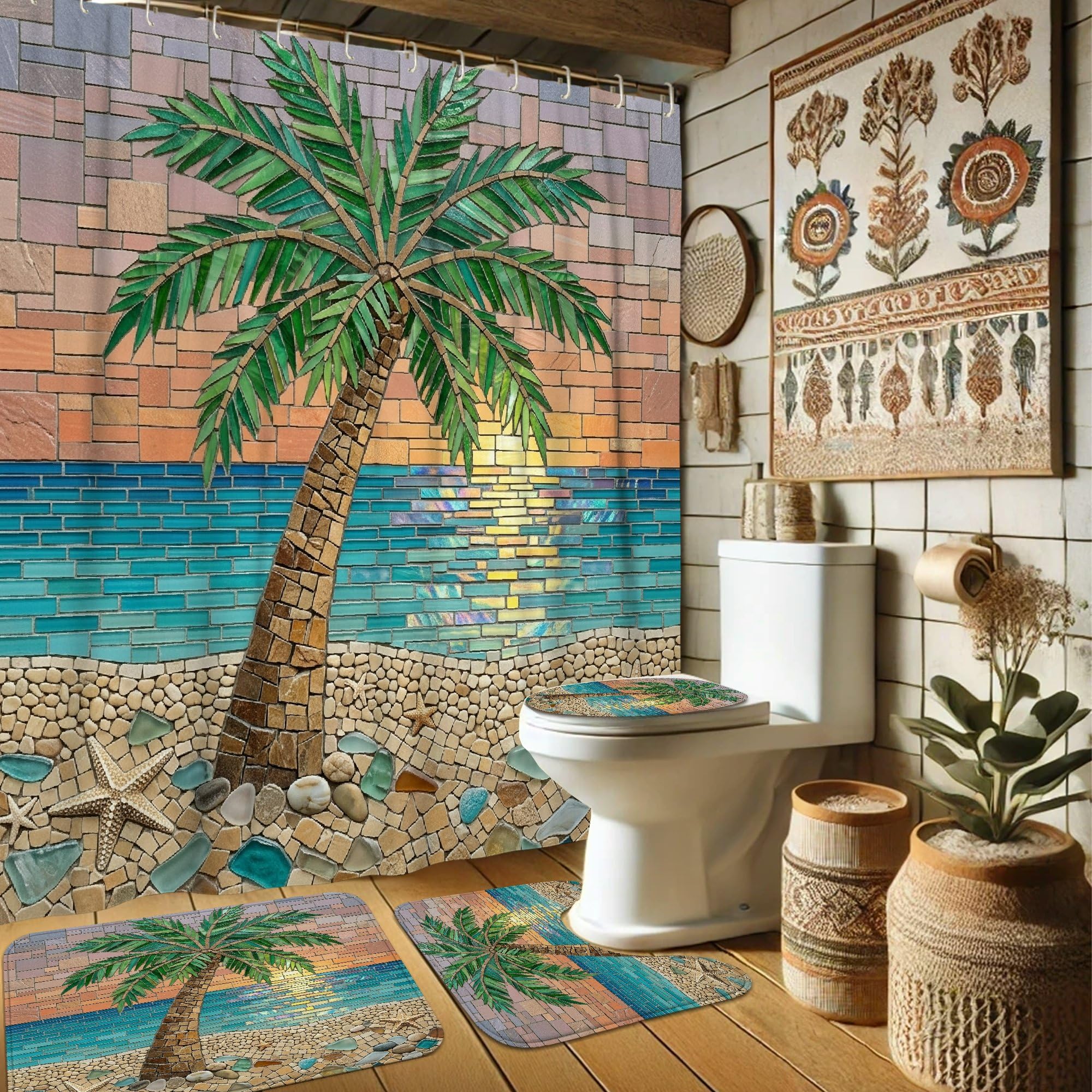 Rideau de douche palmier 183x183 avec tapis de bain ocean