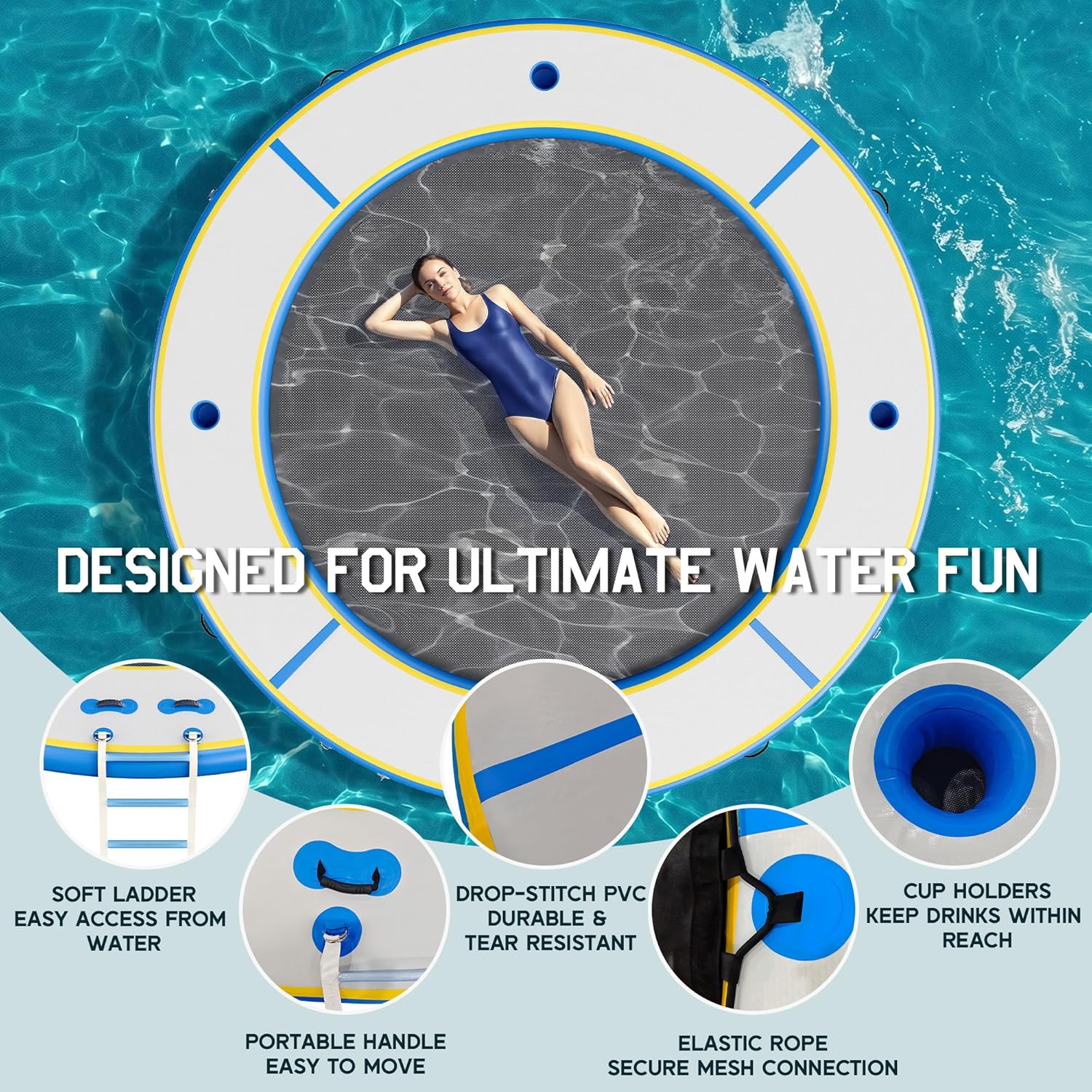 Albott Inflatable Water Hammock Float with Soft Ladder, Cup Holders and Mat Center, Round & Hexagon Lake Raft for 4–10 People, Heavy Duty PVC Pool Float for Summer Party & Family Fun