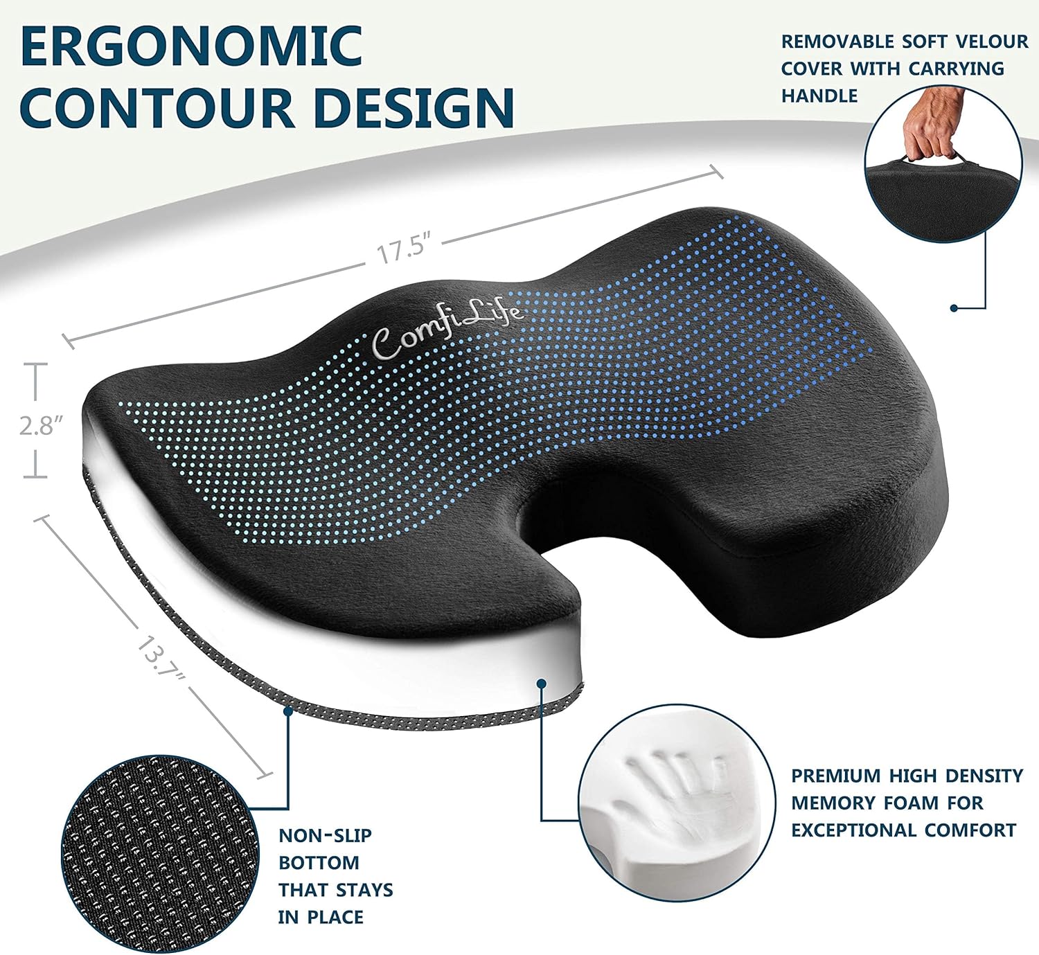 ComfiLife Premium Comfort Seat Cushion - Non-Slip Orthopedic 100% Memory Foam Coccyx Cushion for Tailbone Pain - Cushion for Office Chair Car Seat - Back Pain & Sciatica Relief (Black) - Image 3