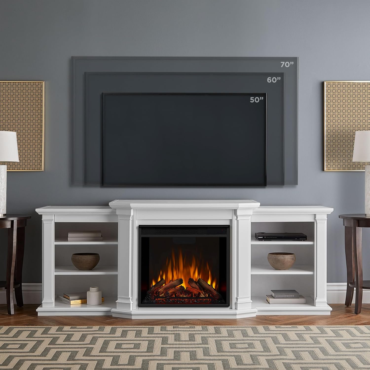 Real Flame Valmont 74" Electric Fireplace TV Stand for TVs up to 70 inches, Entertainment Center with Adjustable Shelves and Storage, TV Stand for Living Room and Bedroom, Remote Control, White