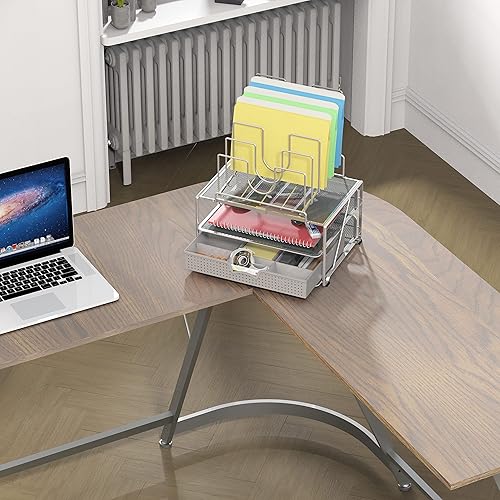 Miniatura 3 de Organizador de objetos de escritorio DecoBros de rejilla, con doble bandeja y 5 secciones diferentes, Plateado