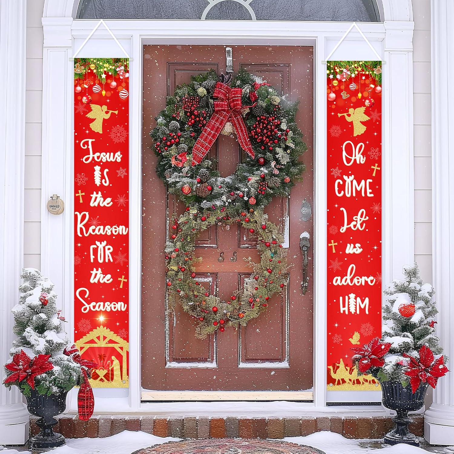 Avezano Christmas Decorations Jesus is The Reason for The Season Banner Jesus Nativity Religious Porch Signs Christmas Door Decorations for Home Indoor Outdoor Xmas Party