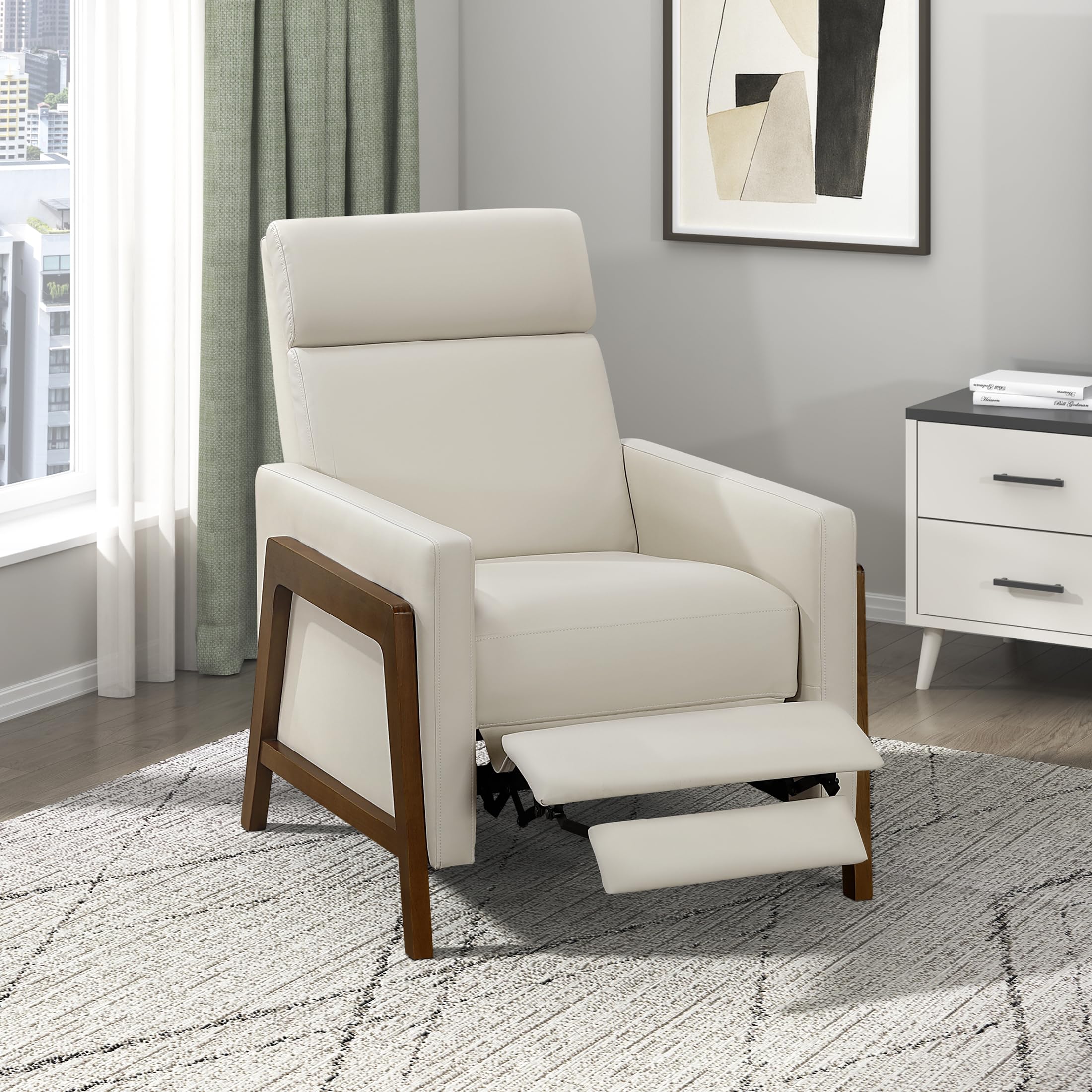 Lexicon Push Back Recliner Chair, Faux Leather Upholstered Reclining Chair with Footrest, Exposed Dark Brown Finish Wood Frame, Small Recliner for Small Space, Living Room, Bedroom, Light Beige(box damaged )