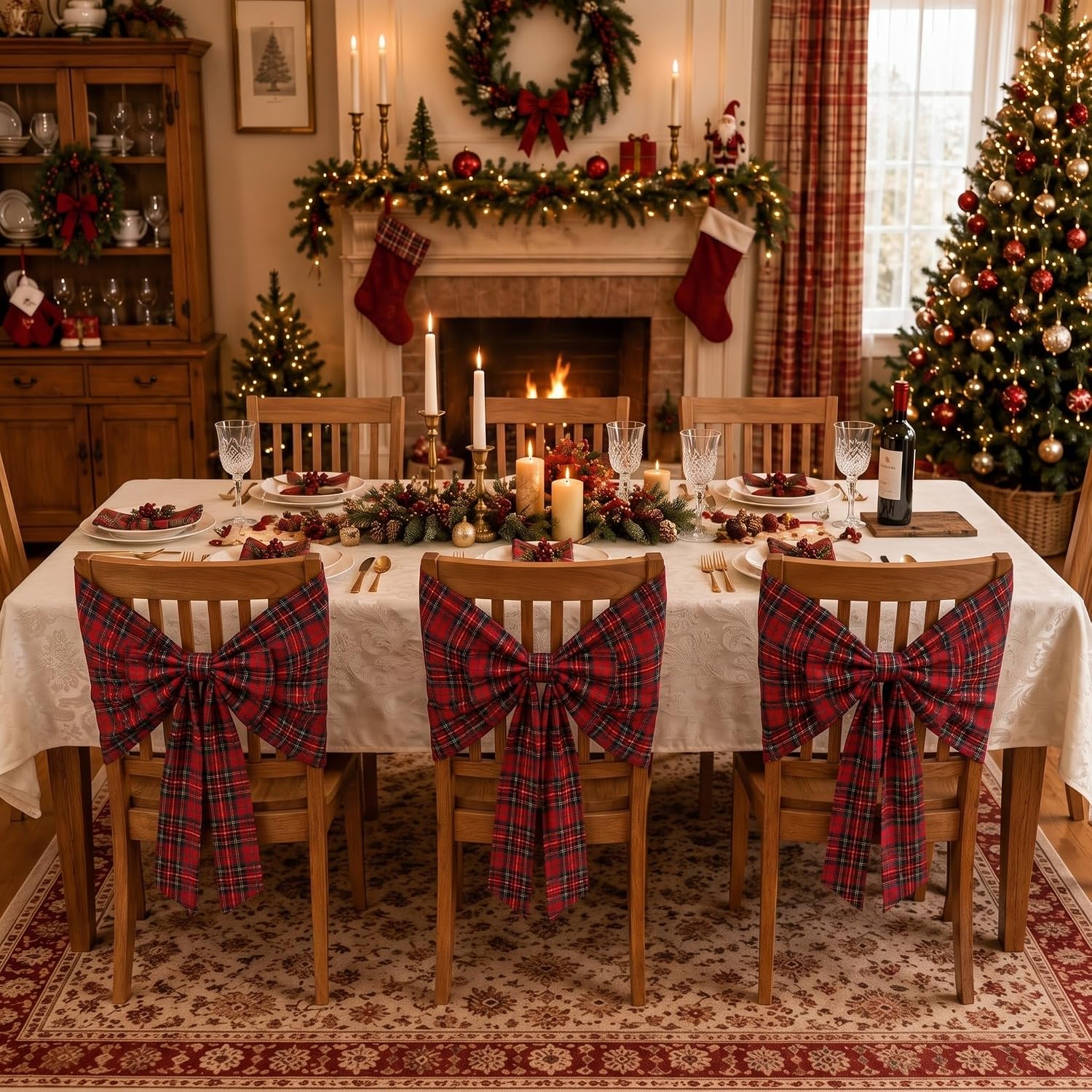 Ganeen 6 Pcs Christmas Chair Covers with Bows, Tartan, Red