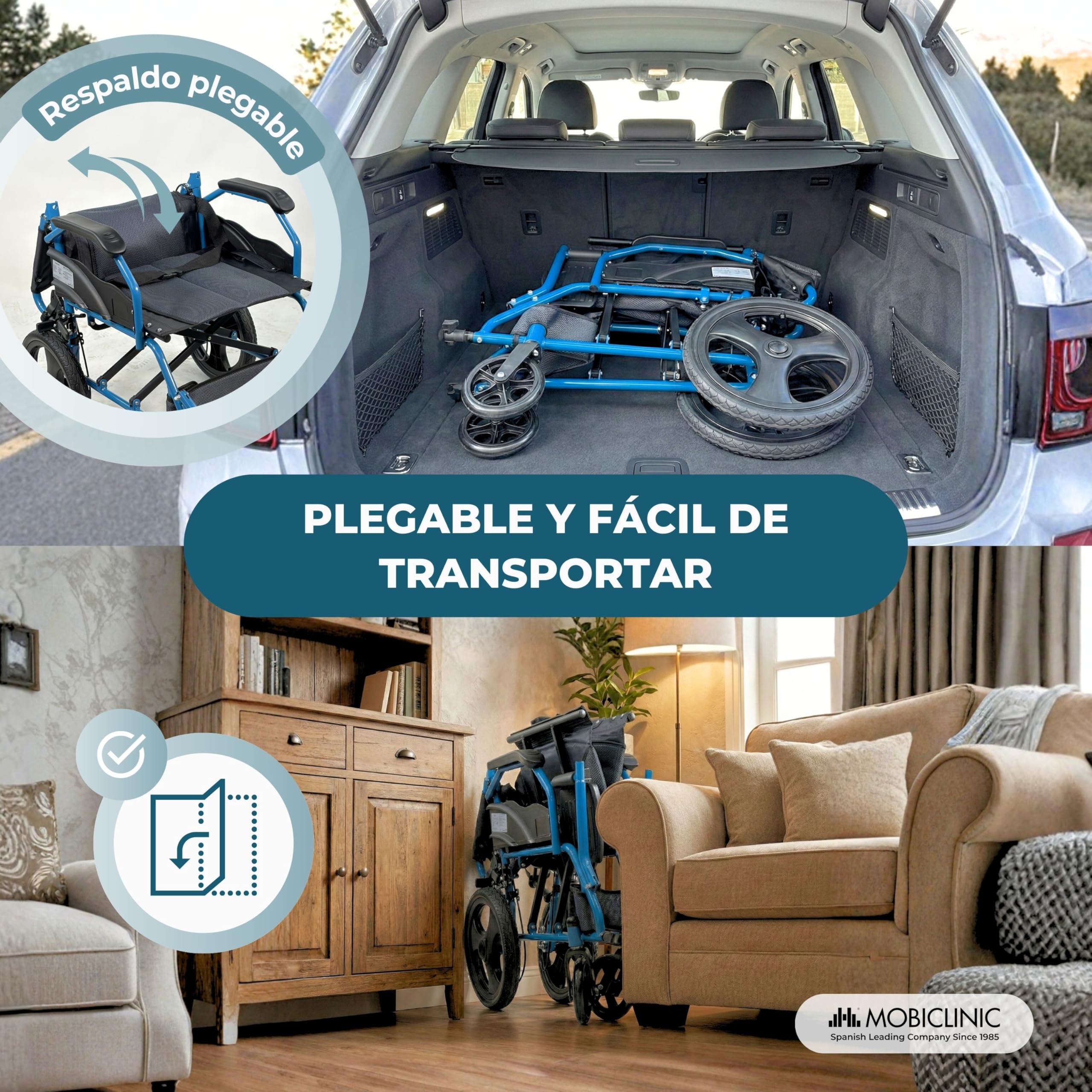 Mobiclinic®, Silla de Ruedas Plegable, de Tránsito, Respaldo Abatible, Reposapiés Abatibles, Doble Sistema de Frenado, Acero Reforzado, Hasta 100 kg, Ligera y Compacta, Faraón