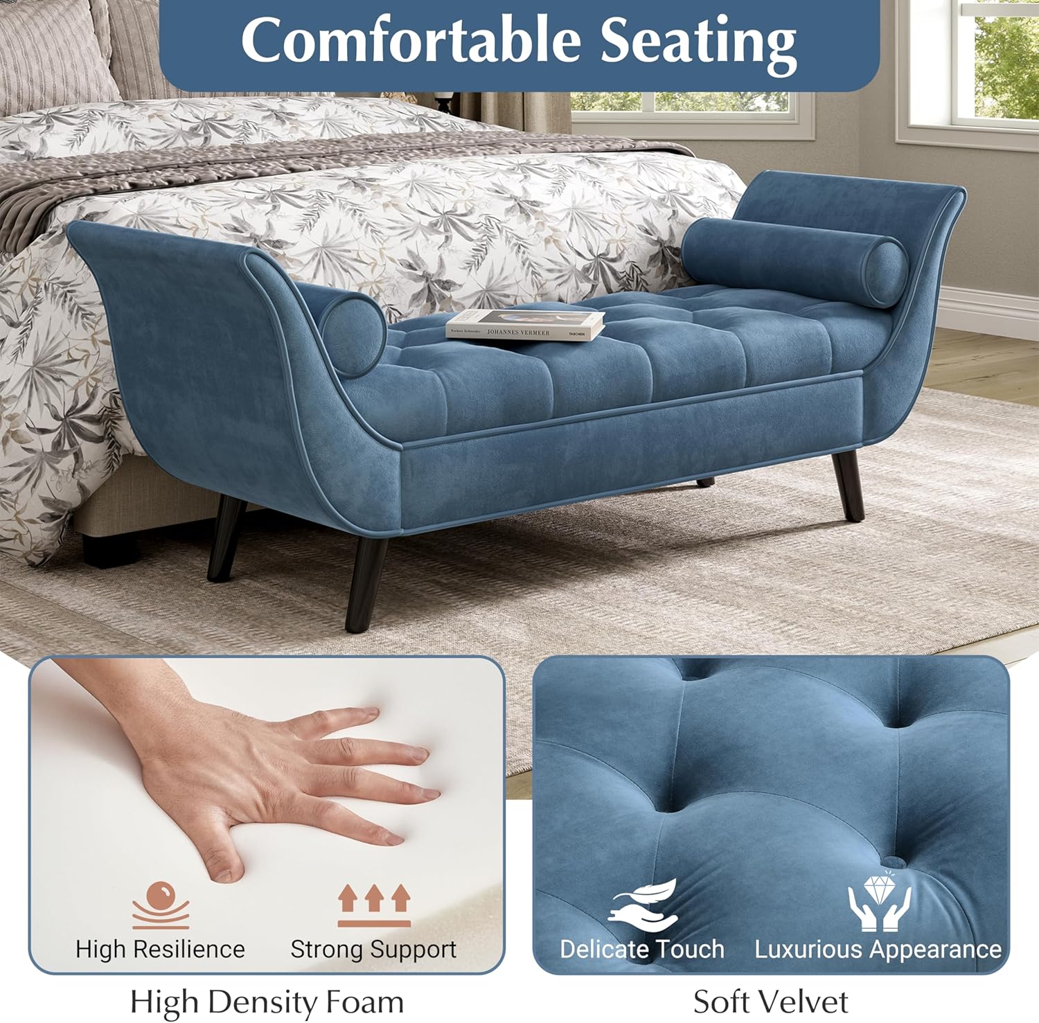 Merax Upholstered Velvet Bench, End of Bed Bench with 2 Pillows, Button Tufted Ottoman, Footstool with Rolled Arms, Foot Rest with Solid Wood Legs for Entryway, Living Room, Dining Room, Blue