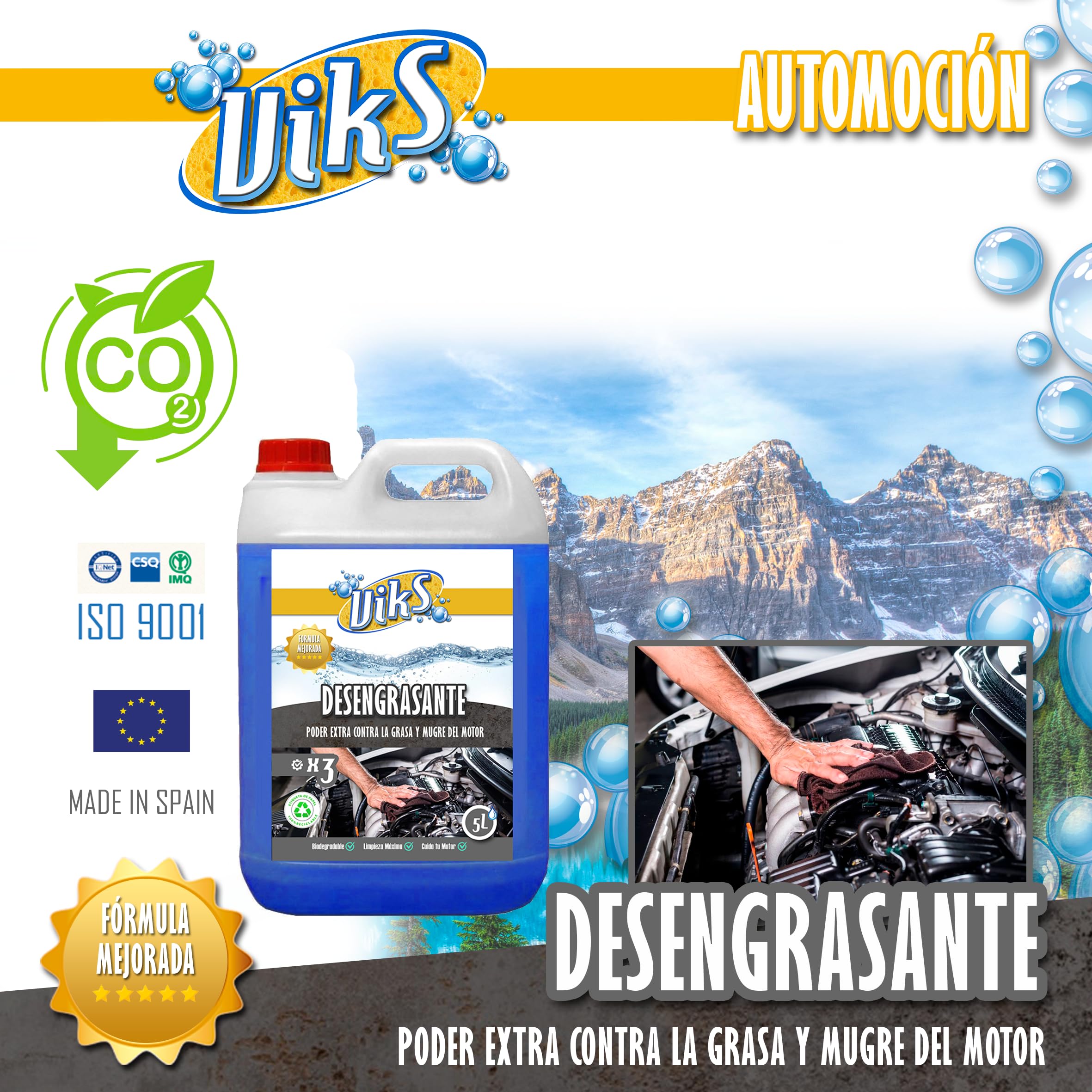 Viks | Sgrassatore motore concentrato | Biodegradabile | Pulitore motori e parti | Rimuove lo sporco accumulato senza danni e restituisce lucentezza | 5 litri