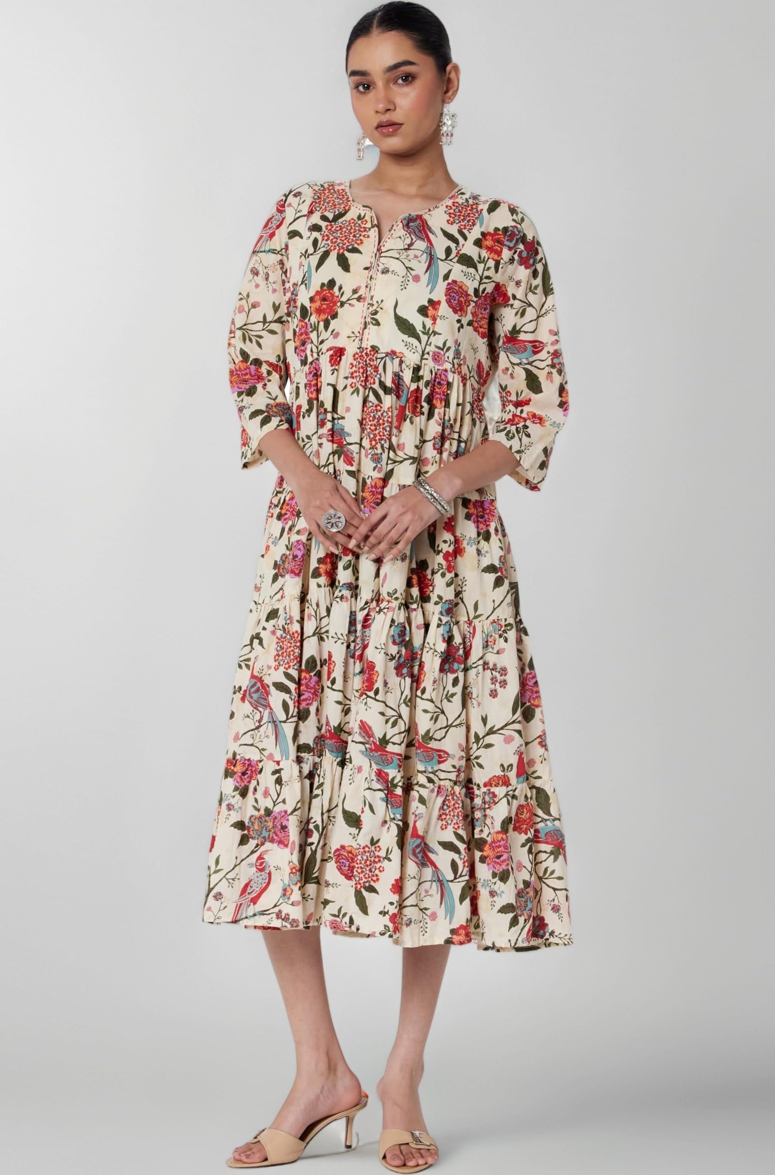 BIBA Women's Fit and Flare Ankle Length Cotton Flared Printed Dress