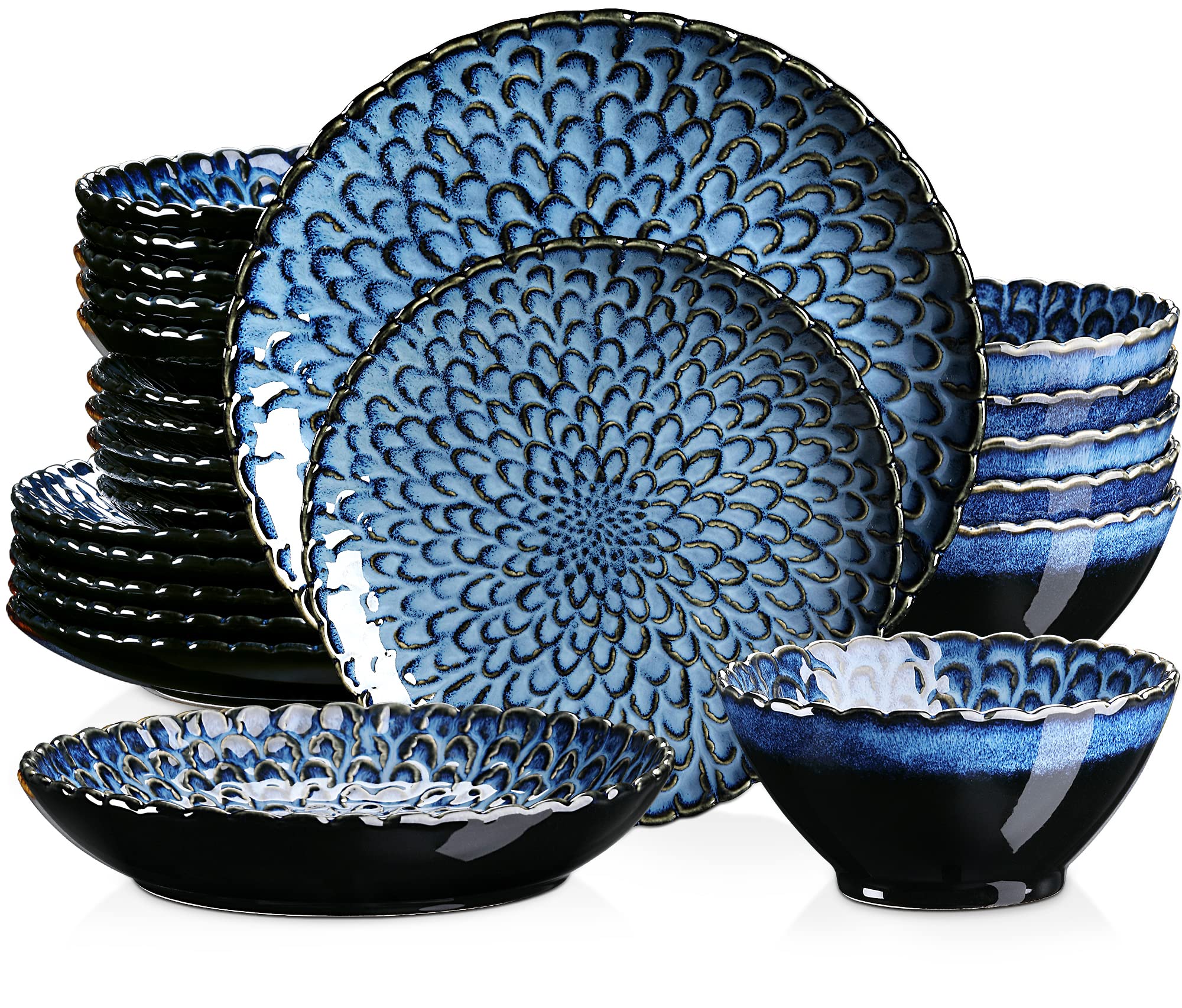 vancasso Chrys Bleu Dinerset - Pottery Dinnerware Set, Chrysanthemum Woven Pottery Combiset, with Dinner/Dessert, Soup Plate/Bowl, Dinnerware for 6