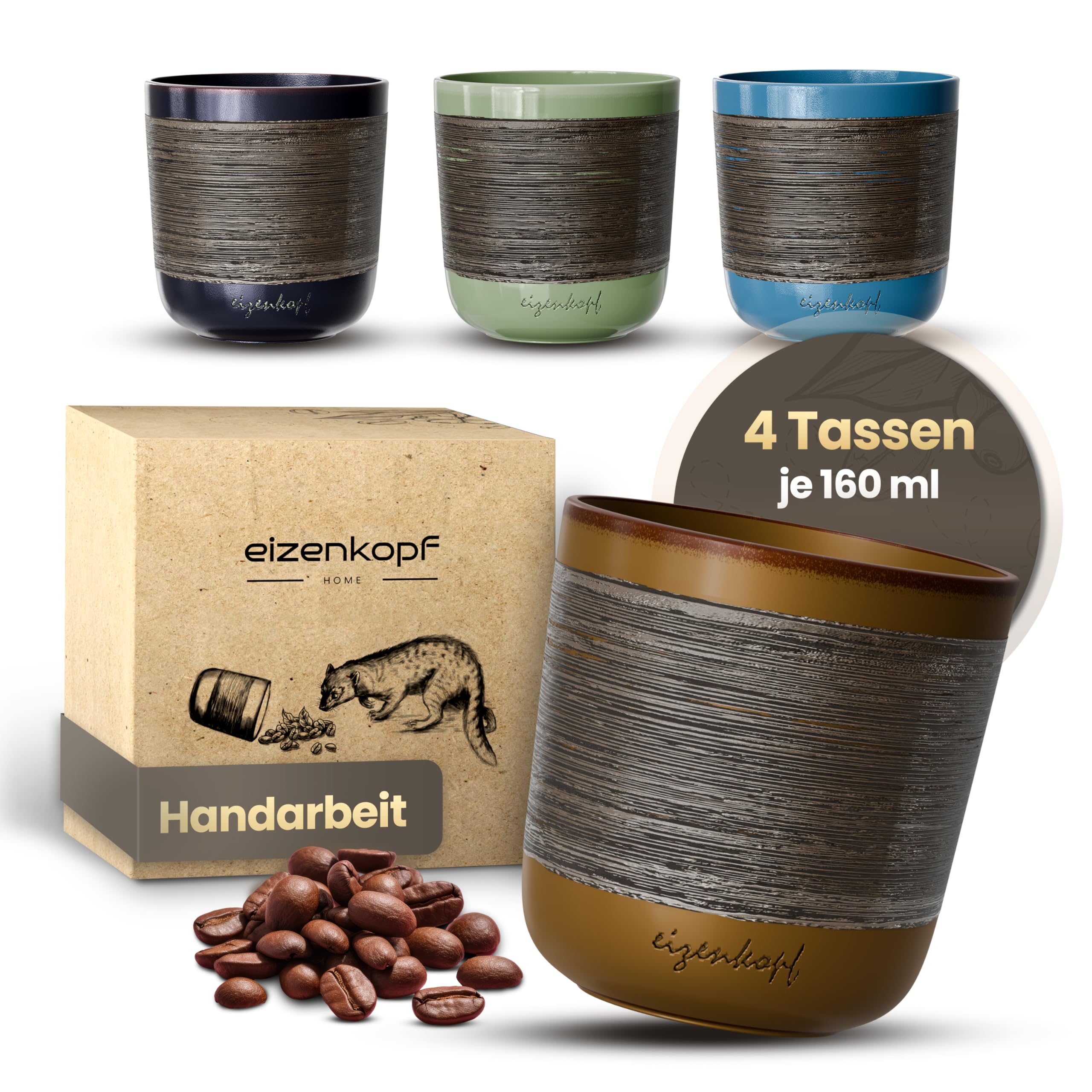 Design Espressotassen Set aus Handarbeit [4x160ml] für exklusiven Geschmack & Ihren individuellen Stil I Hochwertiges & robustes Espresso Tassen Set I Espressotassen dickwandig