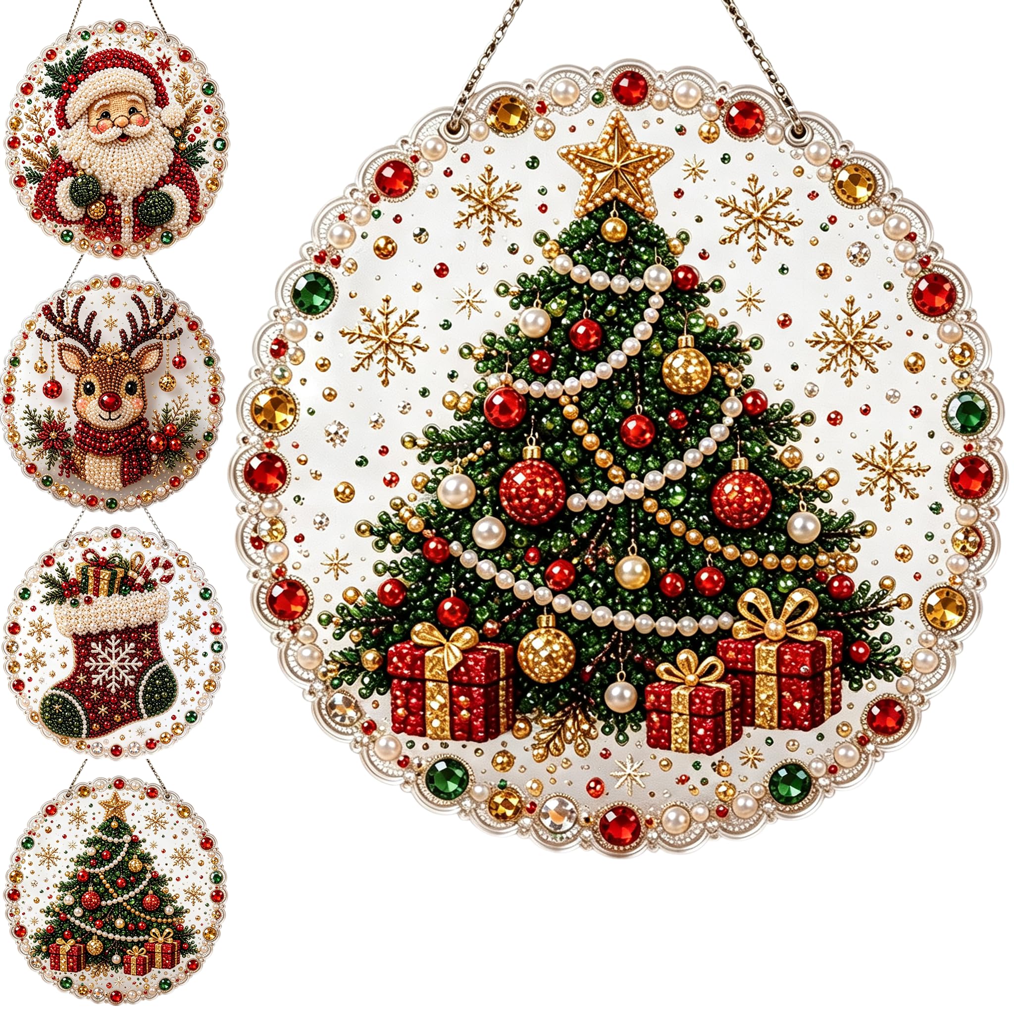 Christmas Pearl Diamond Painting Suncatcher Kit – DIY Pearl Art Kits for Adults, 5D Round Drill Holiday Window Decor, Relaxing Creative Craft Gift for Beginners ，Christmas tree#1