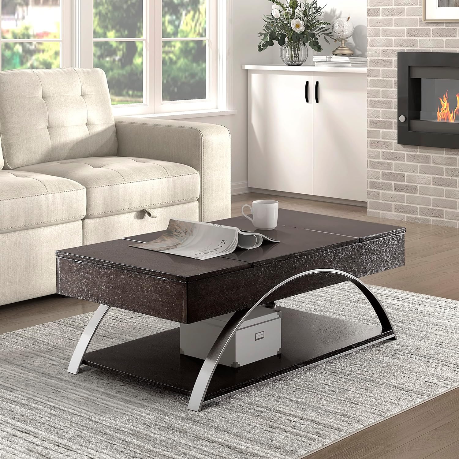 Lexicon Norfolk Lift Top Coffee Table, Espresso/Brushed Chrome Metal