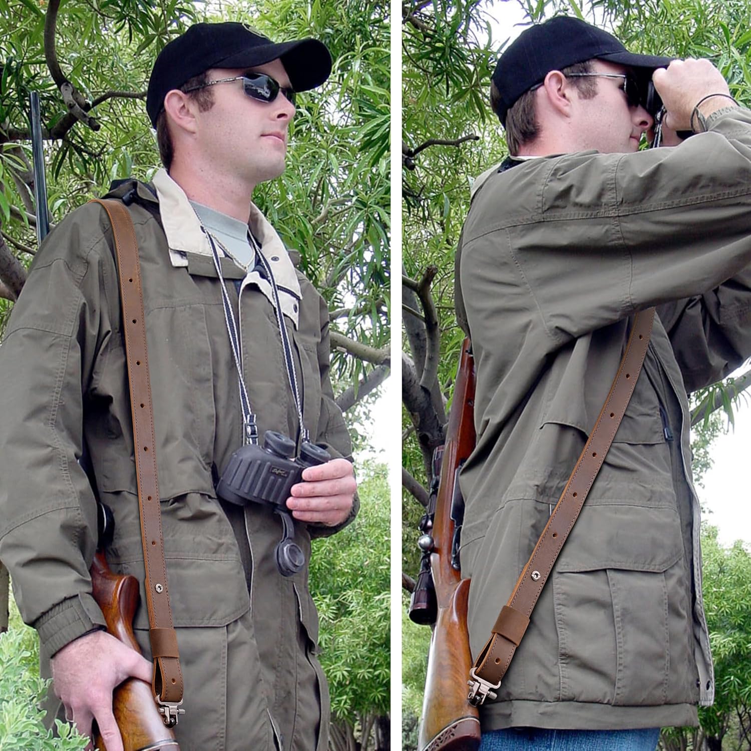 Aisin Gioro Rifles Slings, 1" Wide Handmade Crazy Horse Cowhide Leather Gun Sling Adjustable Replacement with Gun Sling Swivels