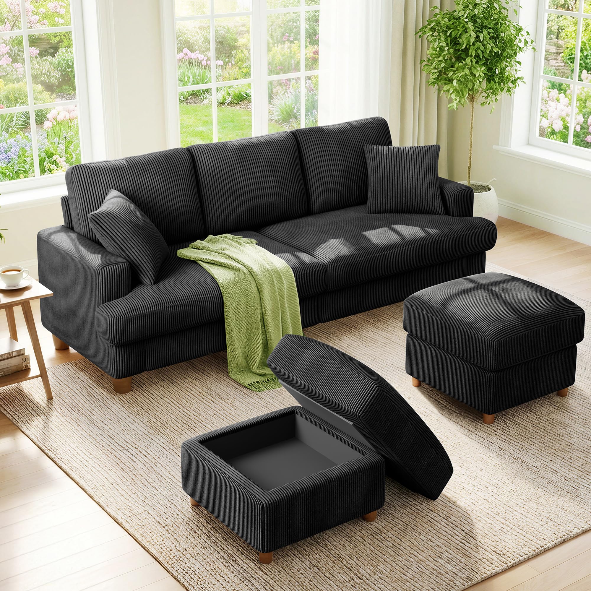 Kidirect 87" U Shaped Modular Sectional Sofa &amp; Ottoman Black Corduroy Couch
