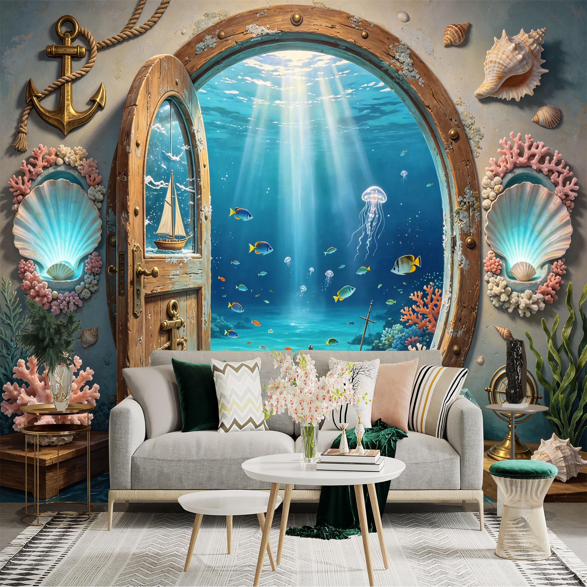 Custom Size Wall Sticker Mural， Underwater Ocean View， Coral Reef， Nautical Porthole， Tropical Fish， Sunlight Sea Scene， for wall Decoration， peelandstick wall Decals.