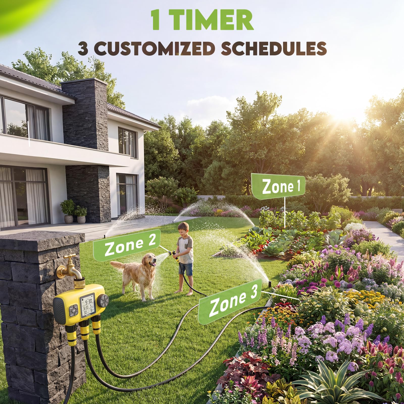 Computer per Irrigazione a 3 Uscite con Display LCD | Timer Programmabile con Controllo Indipendente, Ritardo Pioggia, Impermeabilità IP65 per Giardino, Terrazzo e Prato