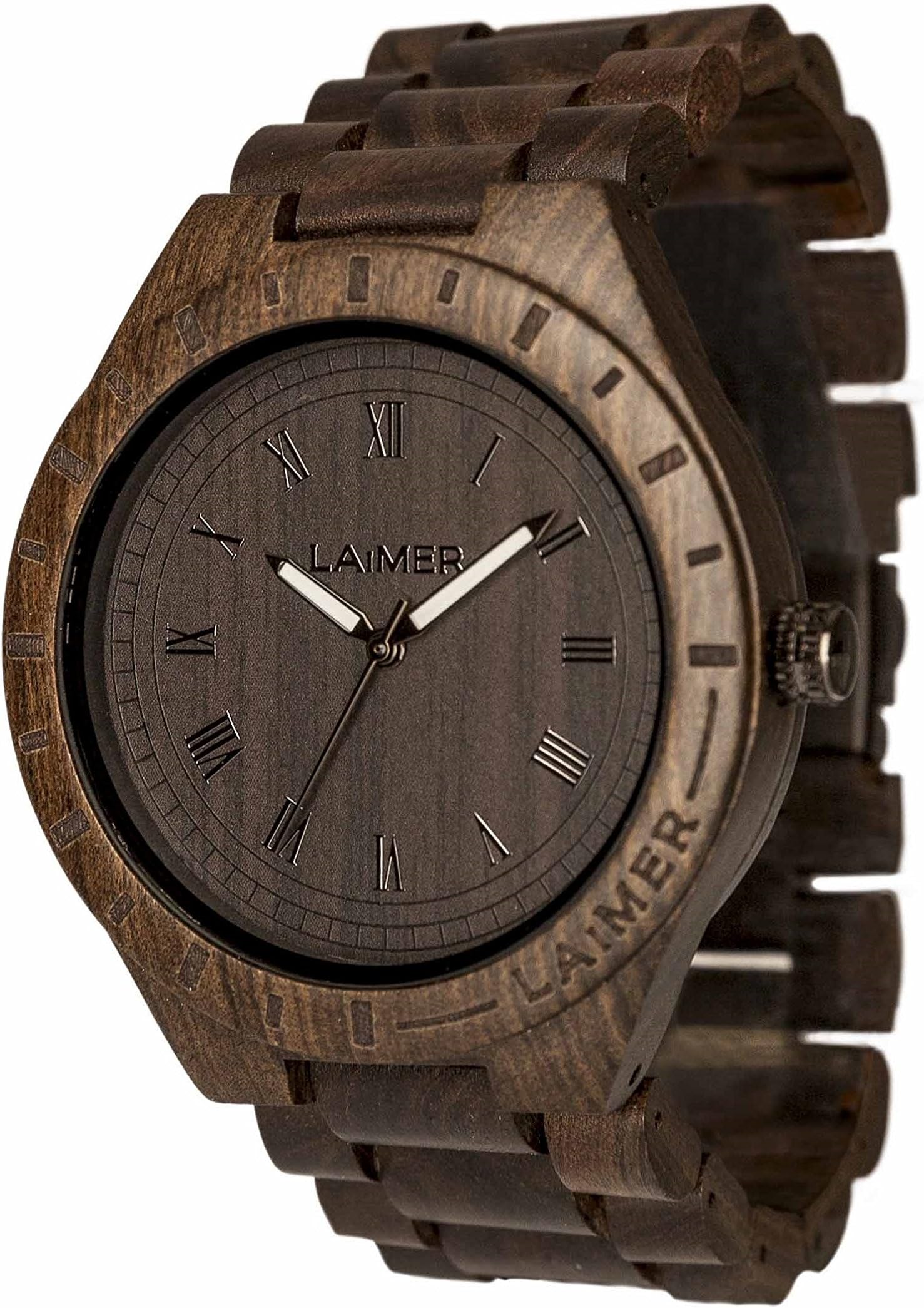 LAiMER Wooden Watch - Wristwatch Black Edition in Solid Wood - Analog Men's Quartz Watch with Luminous Hands - Ø 50mm (1.97 ") - Zero Waste Packaging in Natural Wood