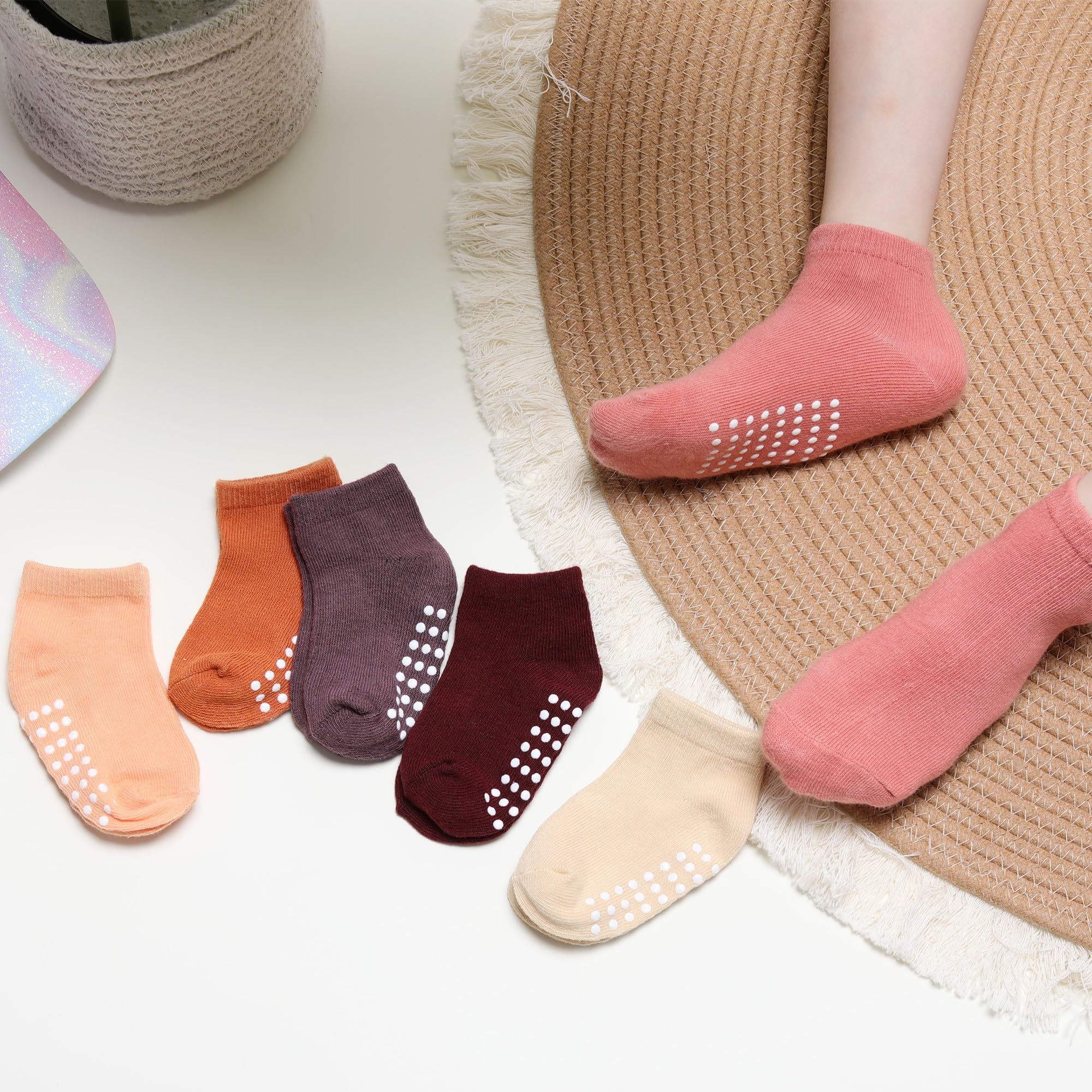 JAKIDAR 12 pares de calcetines antideslizantes de algodón para niños y niñas, suela antideslizante para bebés y niños