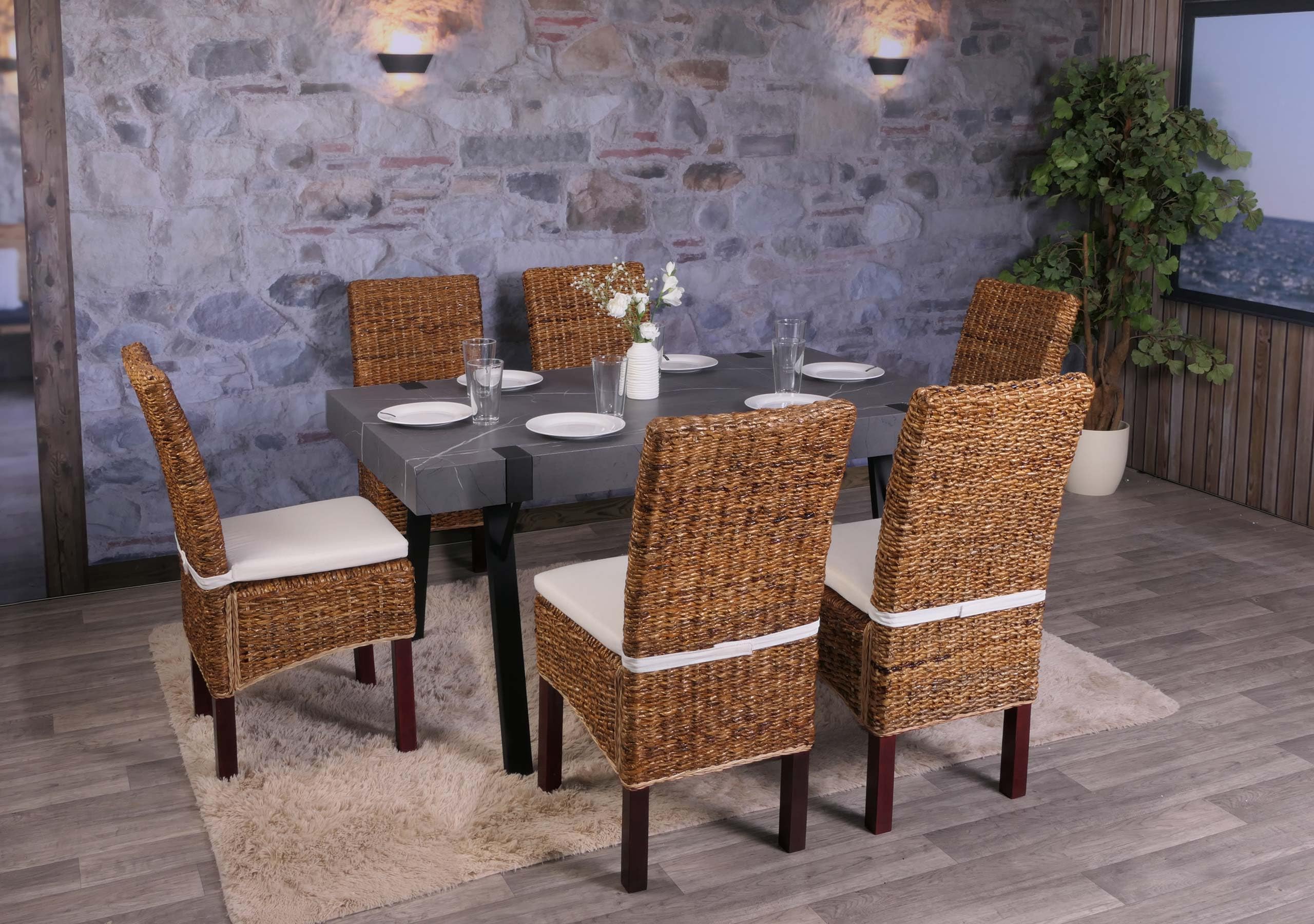 Mendler Set 6X sedie Intreccio di banano Eleganti Soggiorno Sala Pranzo M69 Bali Gambe Chiare con Cuscini