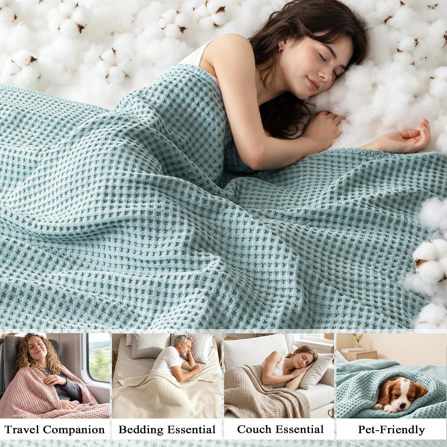 Exclusivo Mezcla Pre-Washed 100% Cotton Waffle Throw Blanket for Couch, 330GSM Lightweight Breathable Summer Blankets, Soft and Cozy, Room Decor, Slate Blue, 50x60 Inches