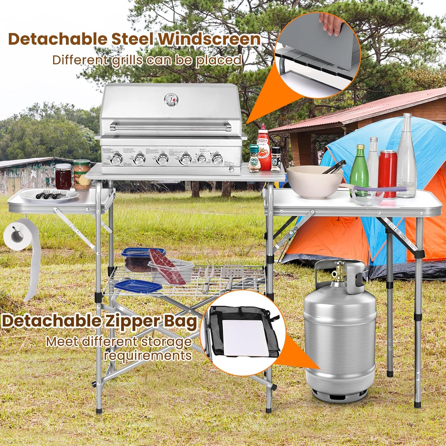 KOTEK Camping Kitchen Table, Folding Camp Table with Detachable Windscreen, Storage Organizer & Carrying Bag, Portable Outdoor Cooking Station for BBQ, Party, Picnic, RV Traveling (Grey)