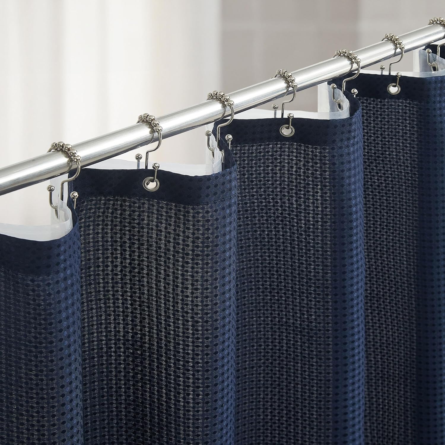 3 in 1 Waffle Shower Curtain Set, Shower Curtain and Liner Set with 12 Double Sided Shower Curtain Hooks, 72 x 84 Fabric Shower Curtains for Bathroom, Navy Blue