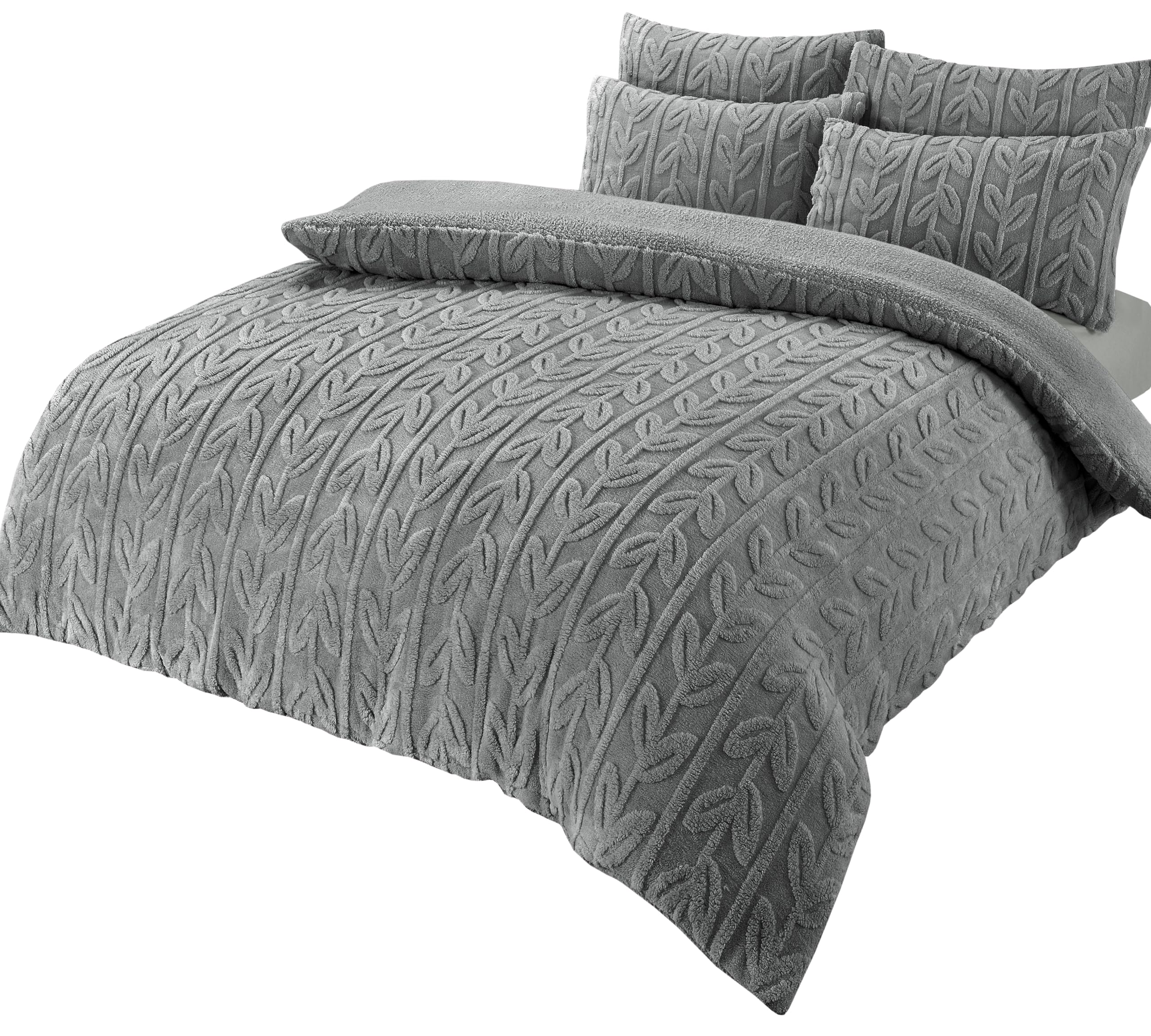 Olivia Rocco Leaf Teddy Fleece Duvet Cover Set Easy Care Quilt Bedding Sets with Pillow Case Thermal Warm Cosy Super Soft Fluffy Comforter Bed linens