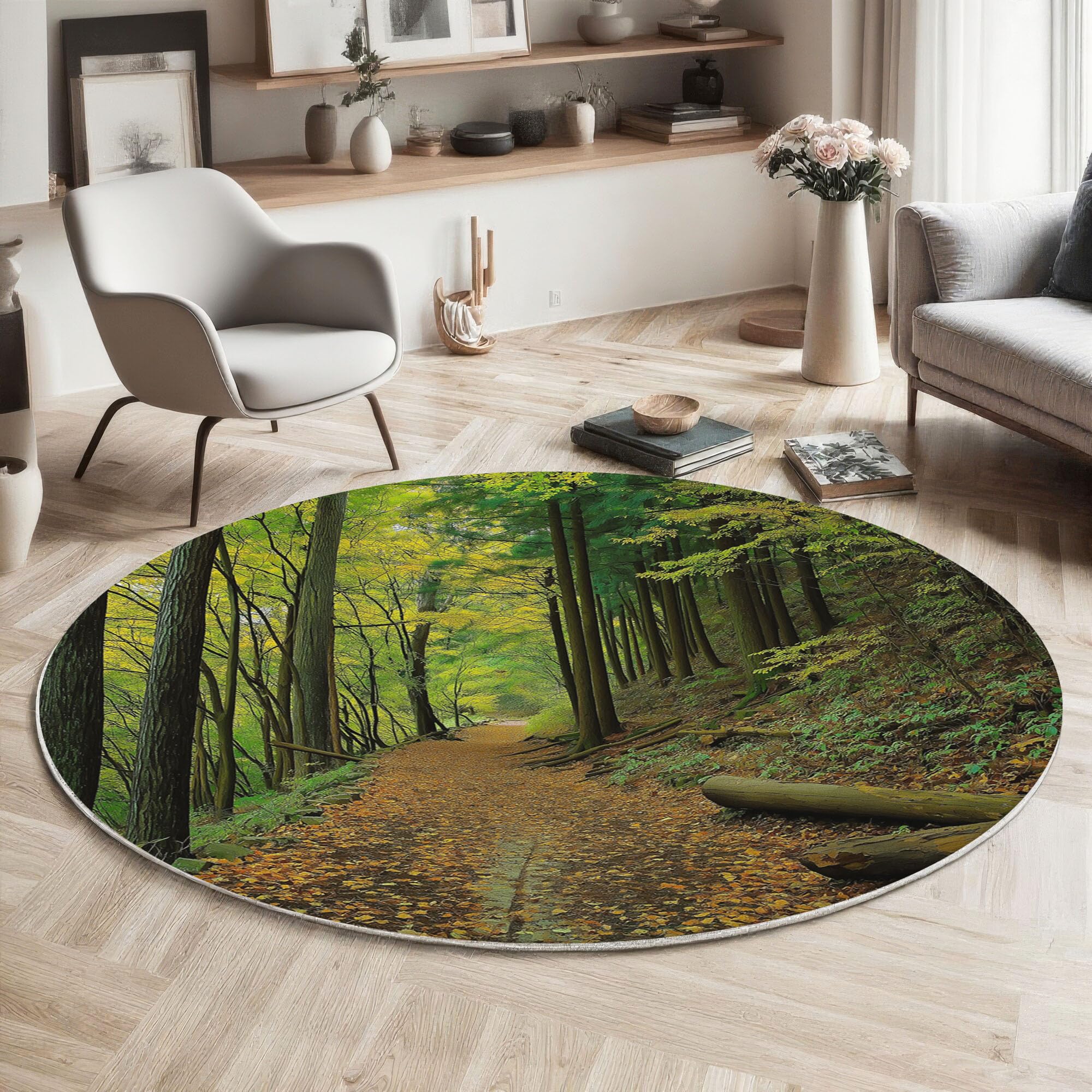 Tapis rond motif chemin forestier jaune-vert 160cm lavable pour salon