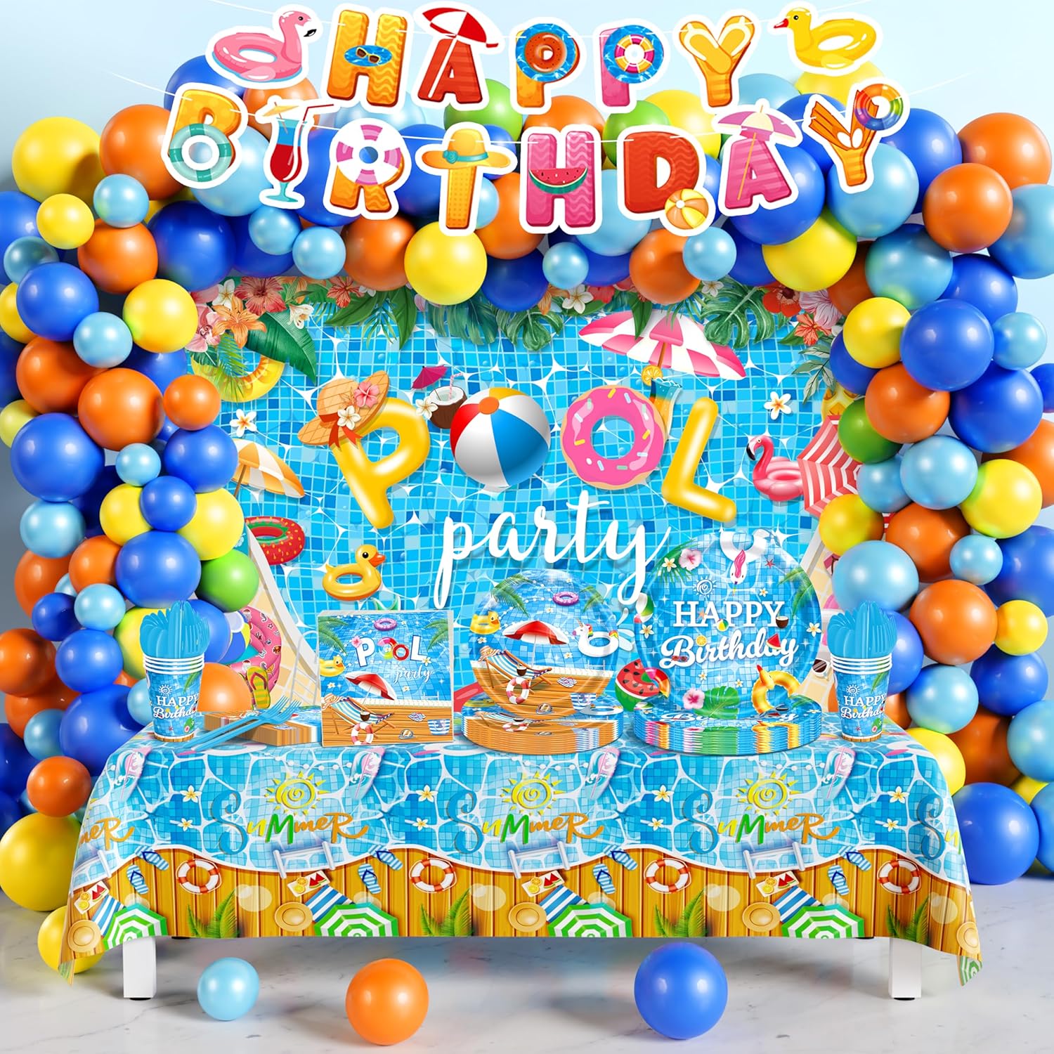 Pool Party Decorations, Summer Beach Pool Themed Birthday Party Supplies with Dinnerware Plate Napkin Cup Balloon Kit Backdrop Tablecloth for Swim Water Bash Luau Tropical Hawaii Party Decor