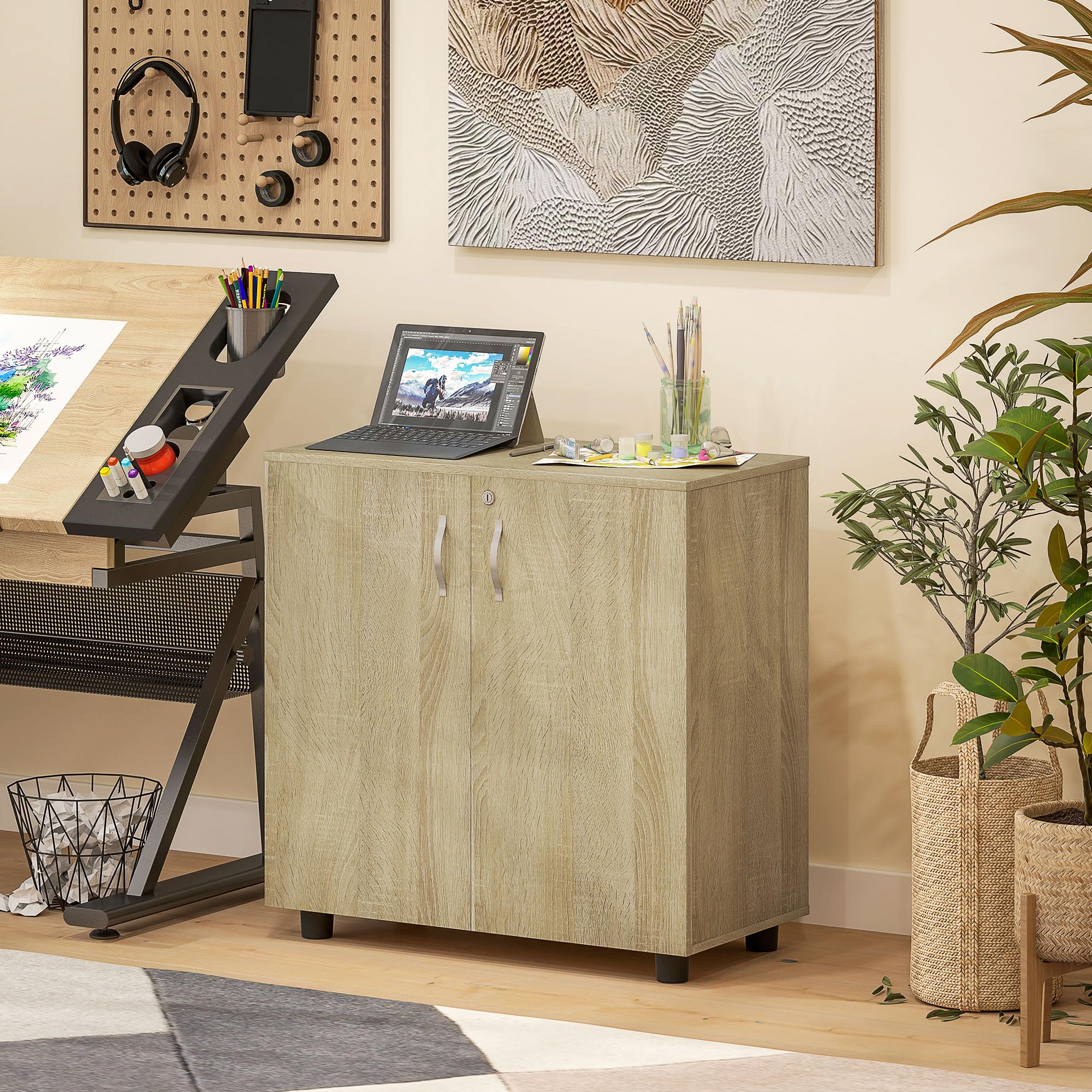 Vinsetto Armadietto per Documenti con Serratura, Armadio da Ufficio con 2 Ante e 2 Ripiani, Mobiletto Multiuso Portaoggetti con Maniglia in Lega di Alluminio, per Casa Ufficio, 80x40x80 cm, Rovere