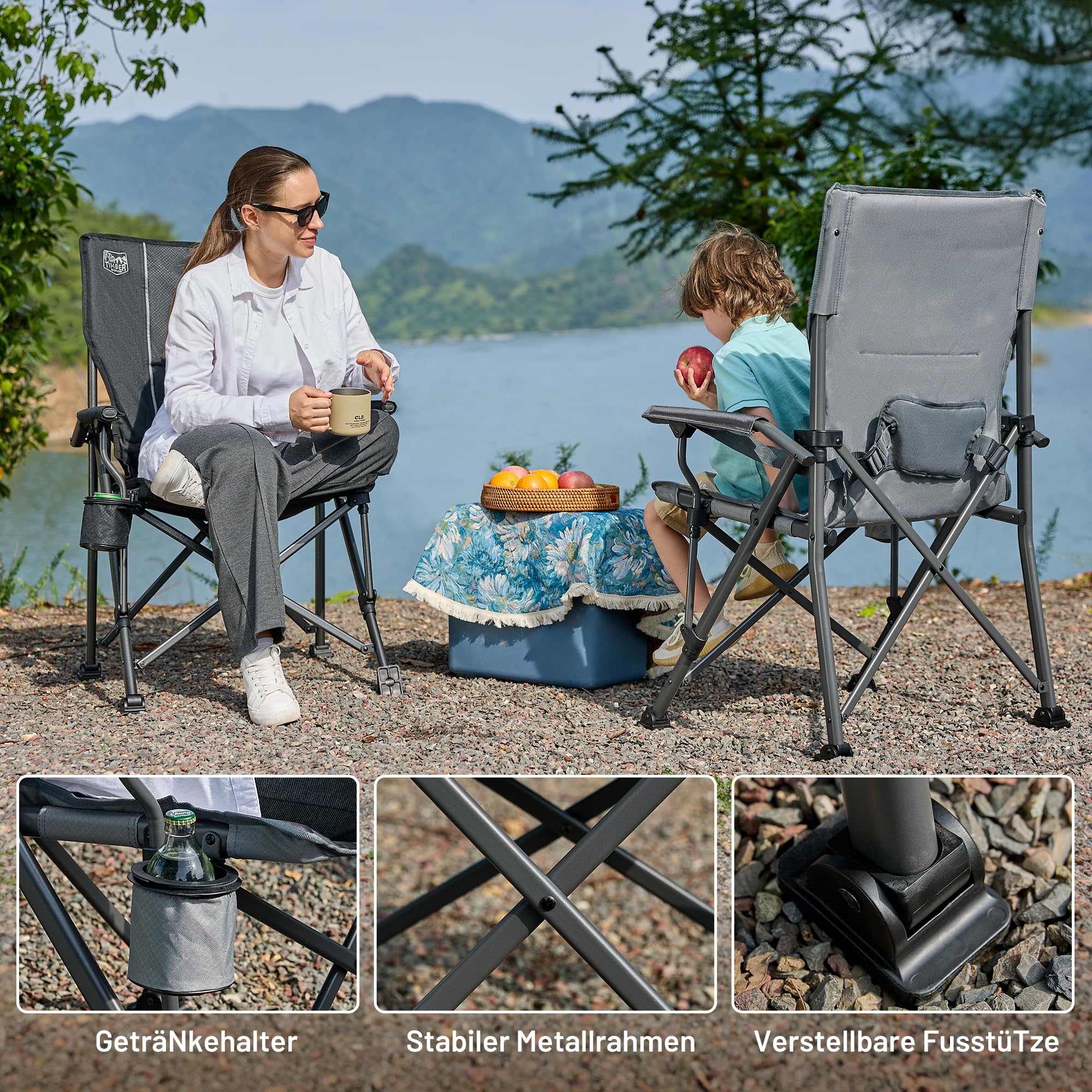 TIMBER RIDGE Campingstuhl Faltbar 150kg Belastbar Verstellbare Lendenwirbelstütze Klappstuhl mit Getränkehalter Tragetasche Angelstuhl Faltstuhl Hochlehner Sessel für Camping Garten Balkon Picknick