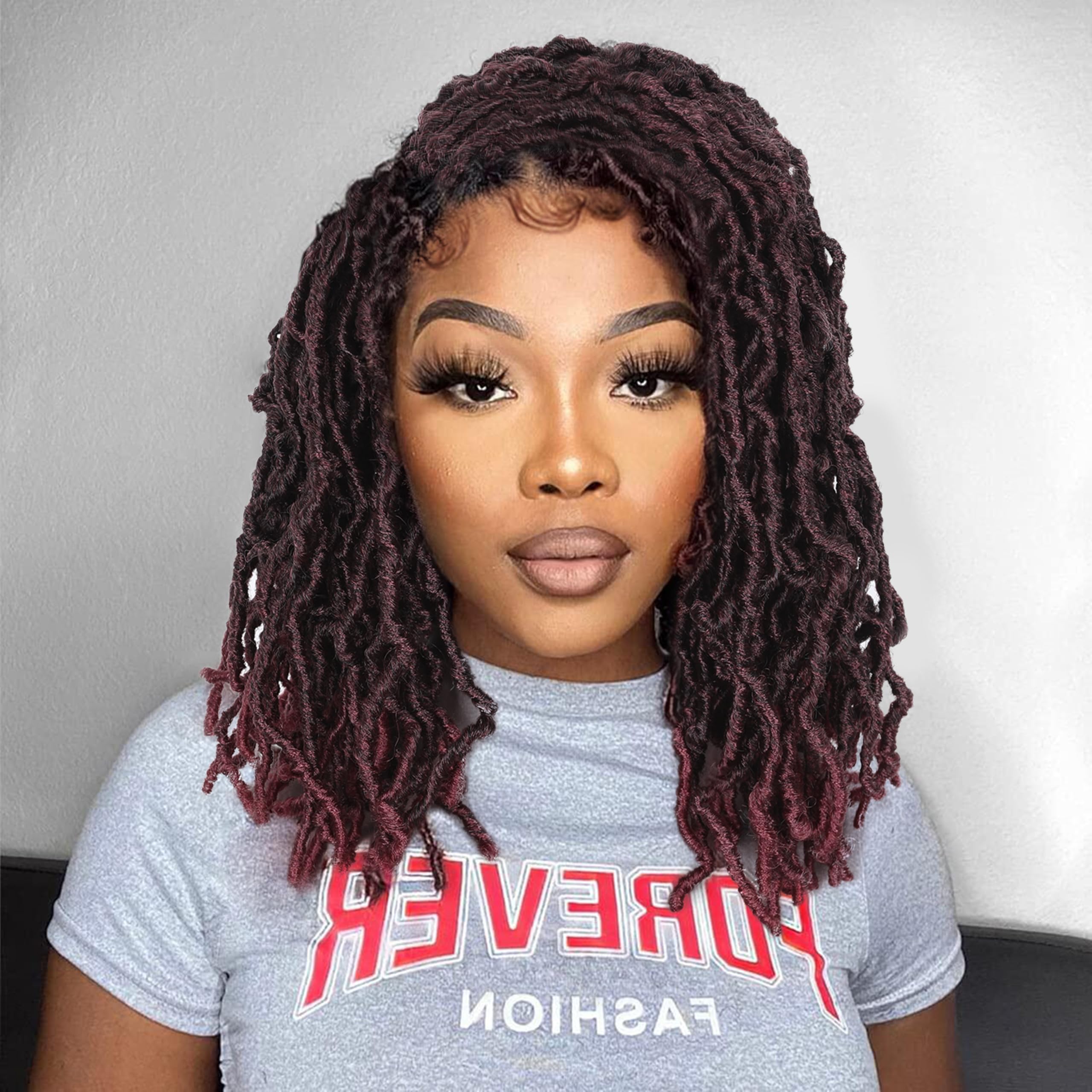 FAVE Full Lace Short Dreadlock Wigs Afro Ombre Burgundy Faux Locs Wigs Synthetic Twisted Wig 14IN Dreadlock Wigs for Black Women (1B/BUG)
