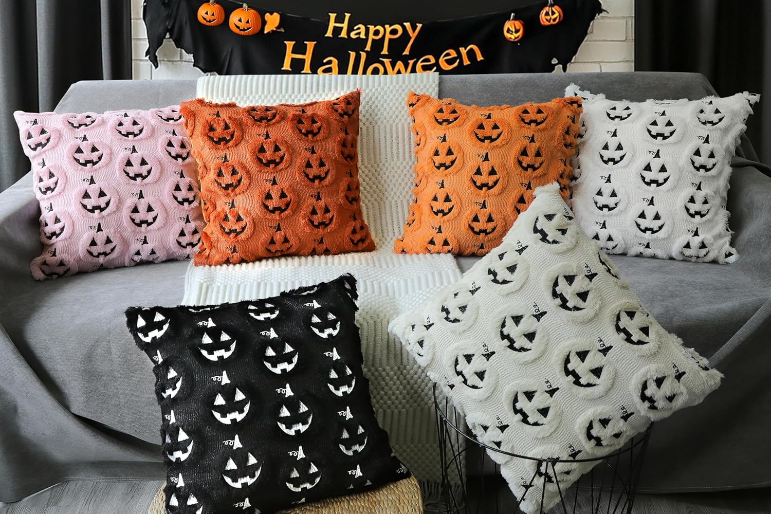4TH Emotion Halloween Pumpkin Decorative Pillow Covers 20x20 Set of 2, White Soft Plush Faux Fur Farmhouse Throw Cushion Cases for Fall Autumn Holiday Home Decorations