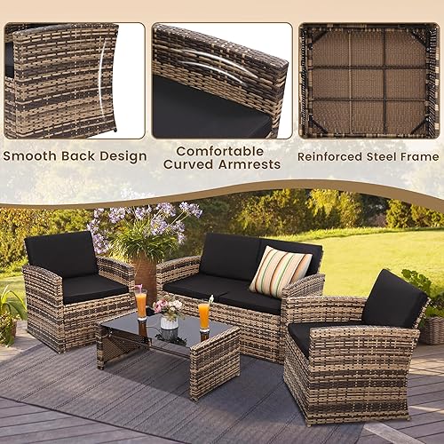 Miniatura 62 de Juego de conversación de patio de 4 piezas, sofá modular de ratán exterior, juego de muebles acolchados, sofá de mimbre ideal para jardín, porche