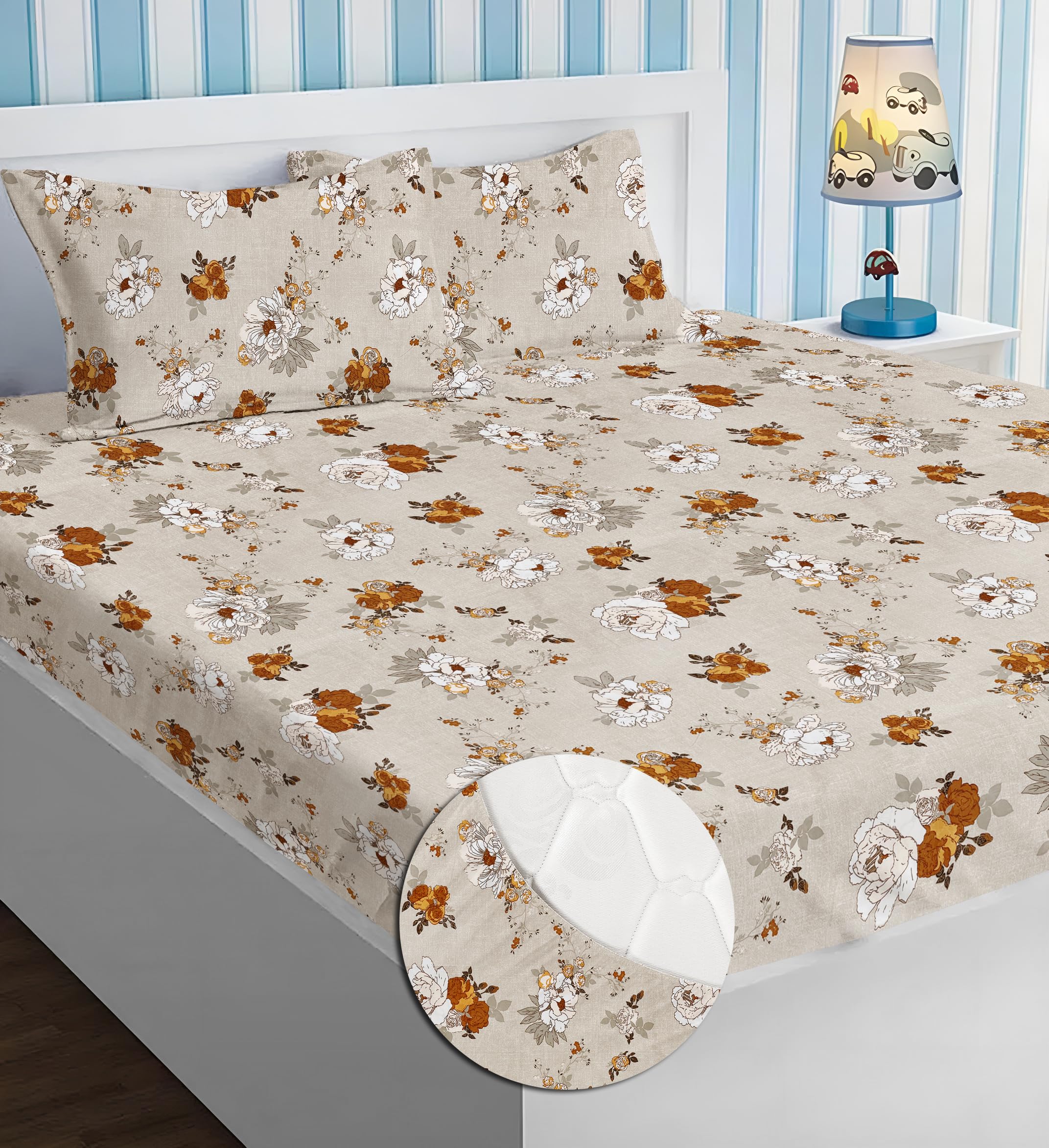 BSB HOME Premium Microfiber All Round Elastic Fitted Bedsheets for Double Bed with 2 King Size Pillow Covers 160 TC Supersoft |Wrinkel Free Bed Cover Size - 72x78+8 inches | Off White & Brown