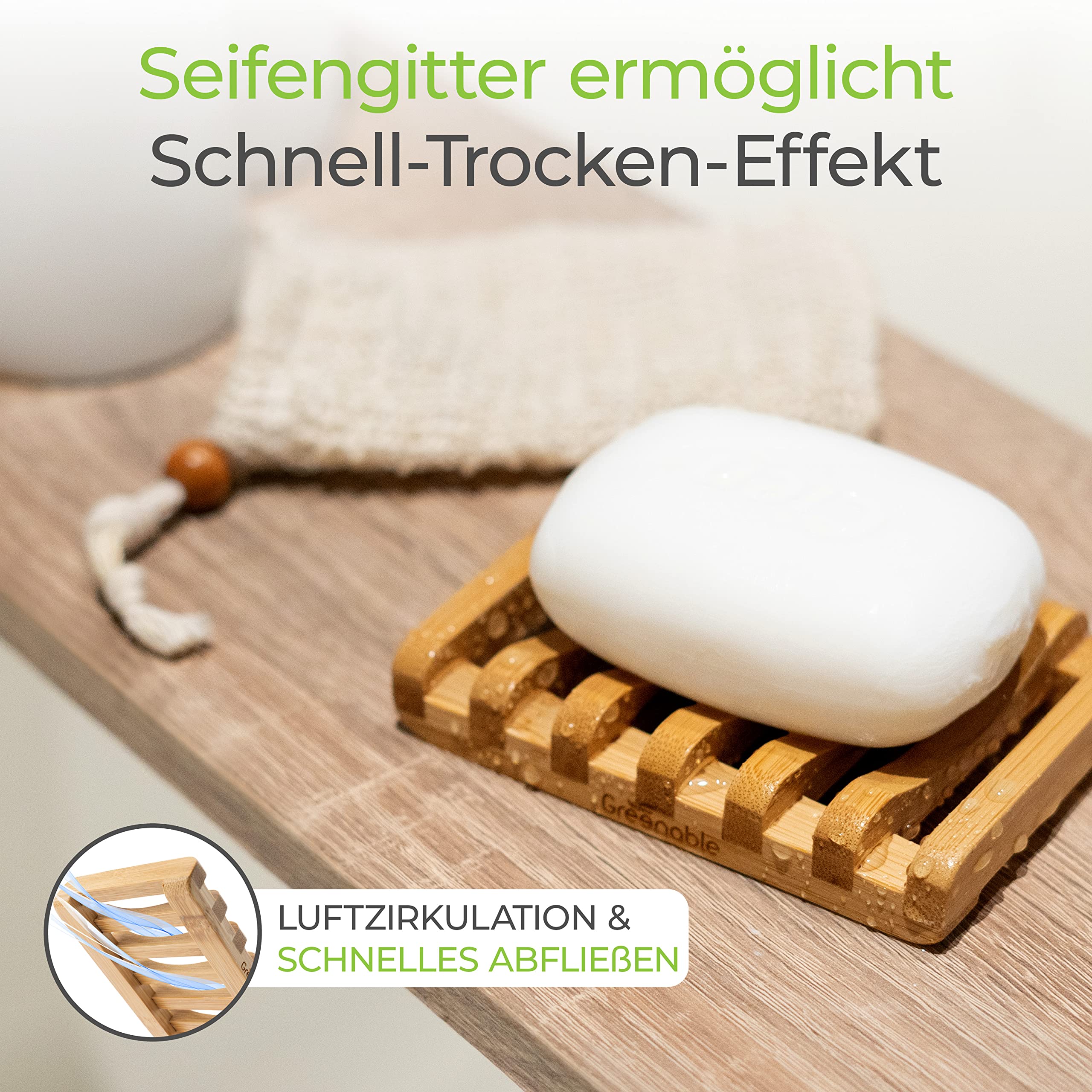 Greenable ® Mydelniczka i 2 woreczki na mydło – tacka ociekowa z bambusa z efektem szybkiego schnięcia – woreczki z sizalu z efektem peelingu – 100% wolne od BPA – wegański i zrównoważony zestaw mydła
