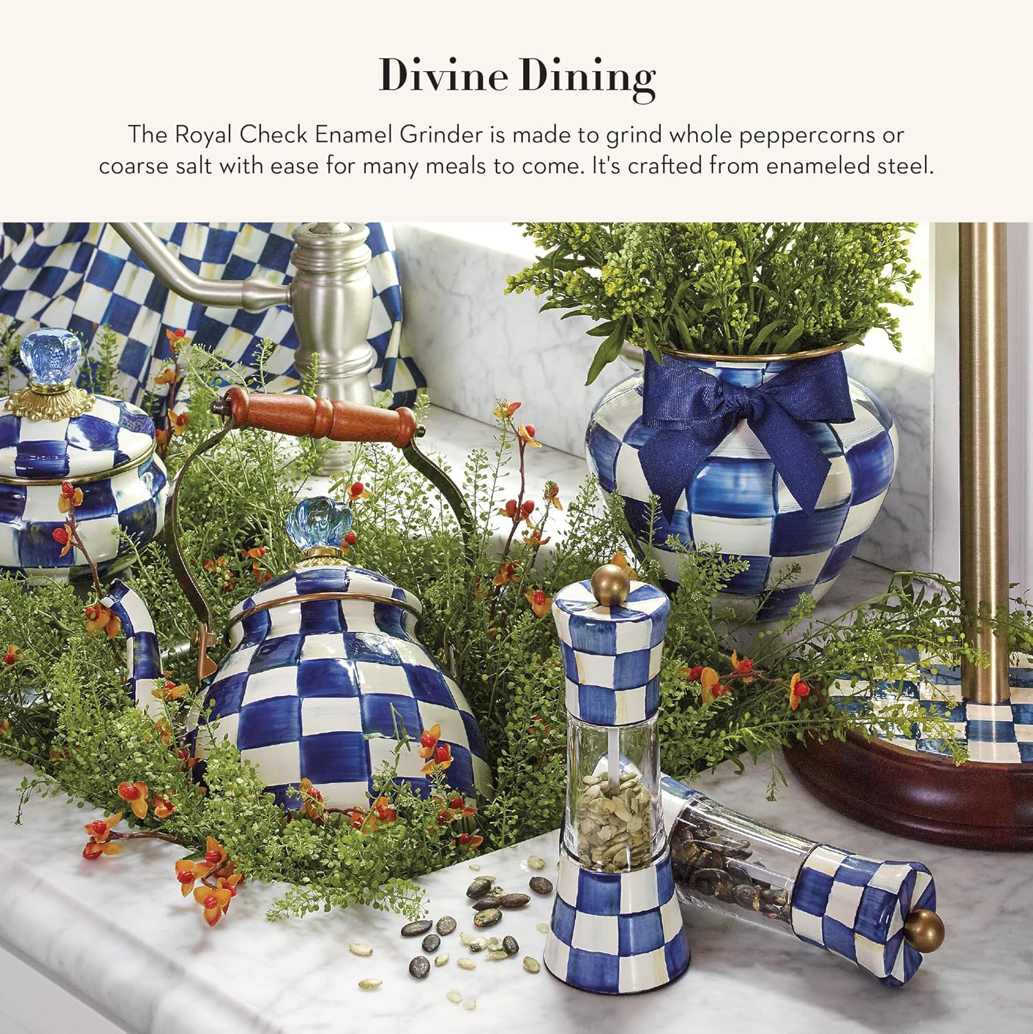 MACKENZIE-CHILDS Enamel Grinder, Refillable Manual Salt Grinder and Pepper Grinder, Blue-and-White Royal Check