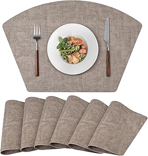 Round Table Placemats Set of 6, Faux Leather Wedge Shape Place Mats Heat Resistant Wipeable Washable Table Mats for Dining Outdoor Indoor, Camel