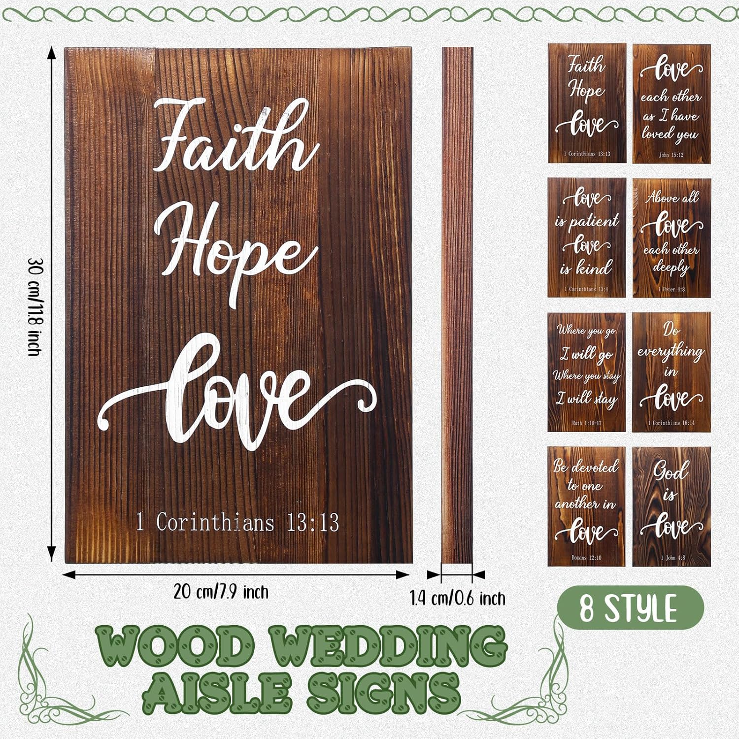 Set of 8 Wedding Aisle Signs, 11.8 x 7.9 inch, Wooden Wedding Signs Love is Patient Kind 1 Corinthians 13 Wood Wedding Signage Bible Verses Wall Decor for Weddings, Anniversaries Gift