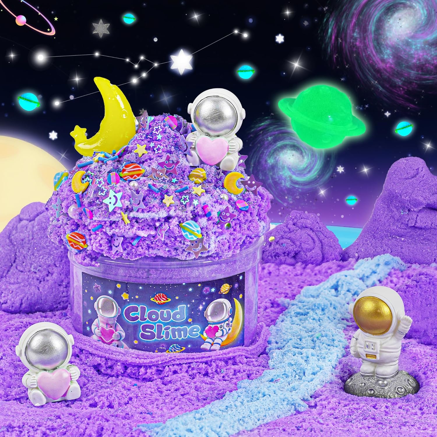 Galaxy Cloud Slime Kit for Kids, Glow in The Dark Space Slime with Astronaut Charms, Non-Sticky Soft Sensory Toys, Birthday Gifts Party Favors Classroom Prizes for Boys Girls Ages 4-12