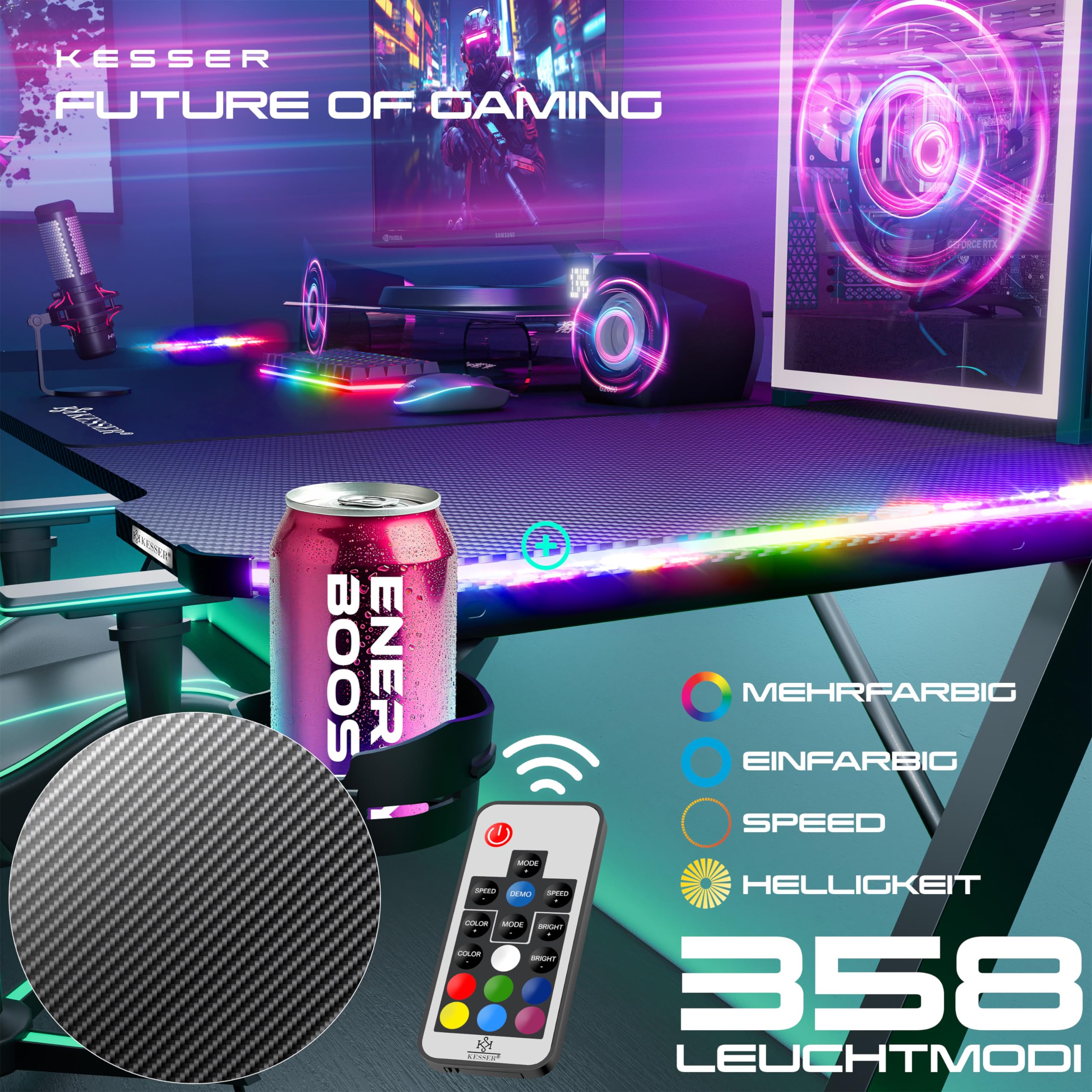 KESSER® Scrivania da Gioco LED - 180 x 80 cm, Scrivania a forma di Z, Gancio per Cuffie e Rivestimento in Carbonio, Ergonomica per PC, con Portabicchieri, Nero Carbonio