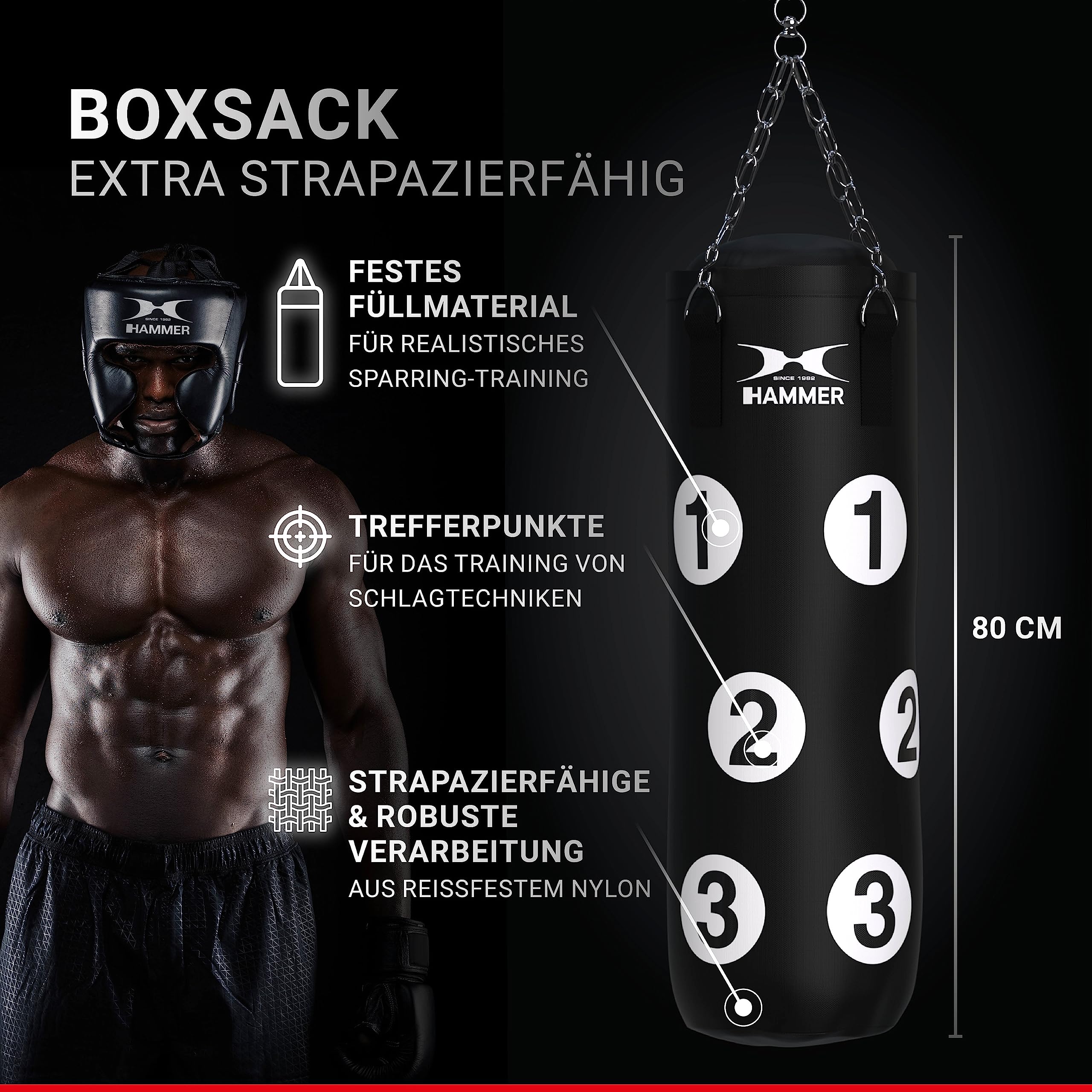 HAMMER Box-Set Sparring Professional - Boxsack Set, Gefüllt, 80 cm, nummeriert mit Trefferflächen, Boxhandschuhe 10 oz, Springseil, Profi-Deckenhacken