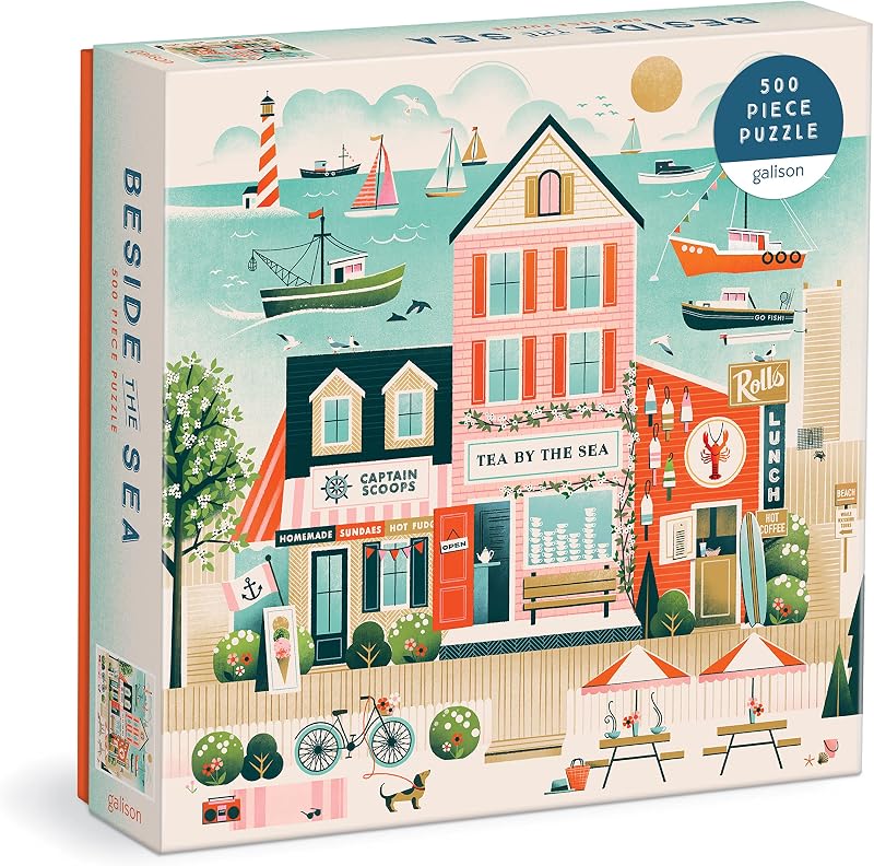 Galison - Beside the Sea 500 Piece Jigsaw Puzzle for Adults | Illustrated by Laura Moyer, Bold Artwork, Charming Village, Challenging, Recycled Paper, No Dust, Finished Size 20" x 20"