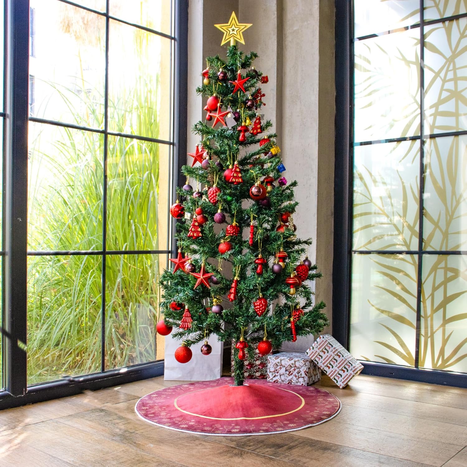 Aden Yılbaşı Ağacı Halısı, Çam Ağacı Eteği, Yılbaşı Halısı, Yılbaşı Paspası, Christmas Halısı, 80x80cm, Bordo Yılbaşı Halısı (bordo)