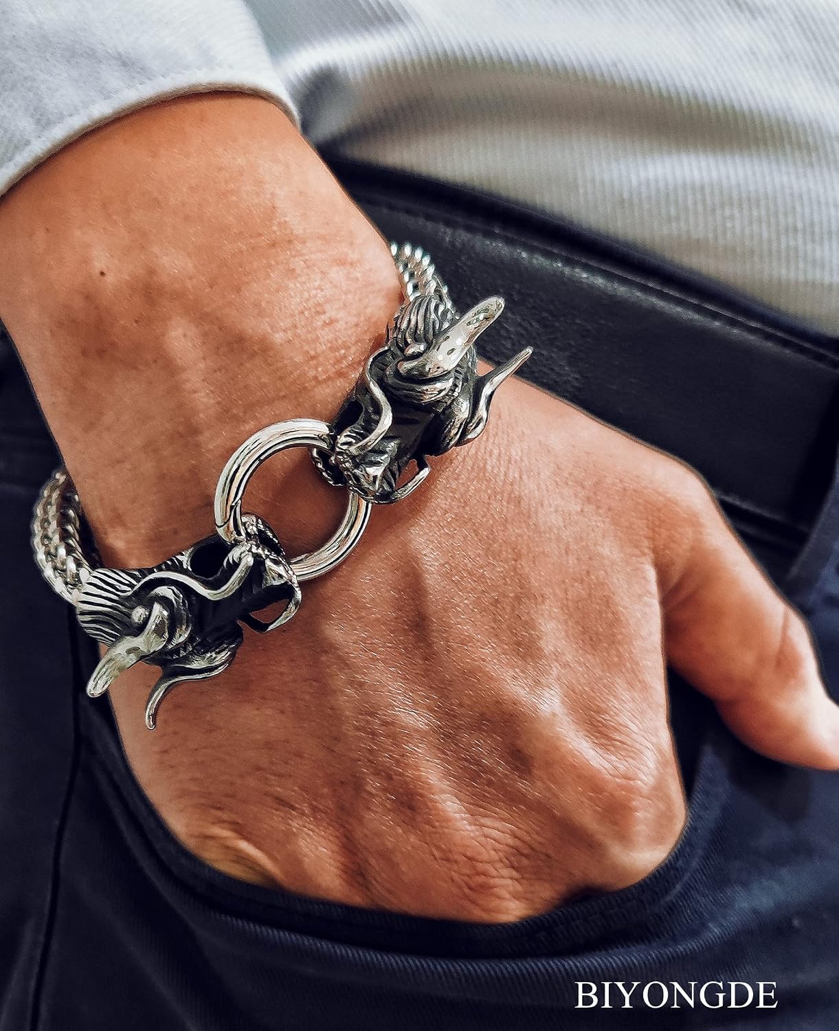 Link Chain Bracelet, Steel Square Franco Chain Curb Chain Bangle Bracelet, Vintage Dragon Head Ring Clasp, Mens Masculine