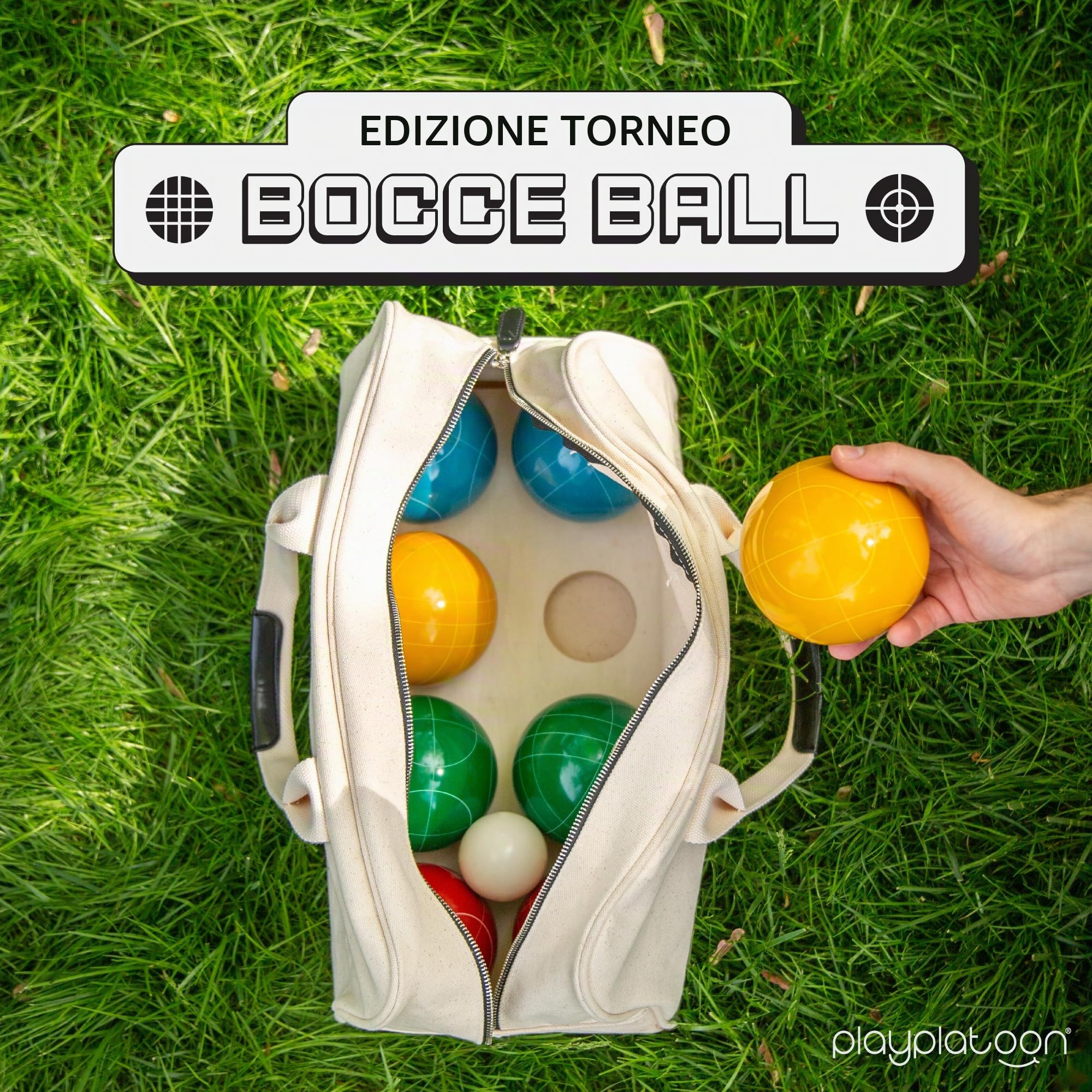 Play Platoon Set di bocce a sfera, misura regolamentare 107 mm | 8 palline in poliresina rigida di alta qualità, Pallino, borsa per il trasporto con cerniera e corda di misurazione