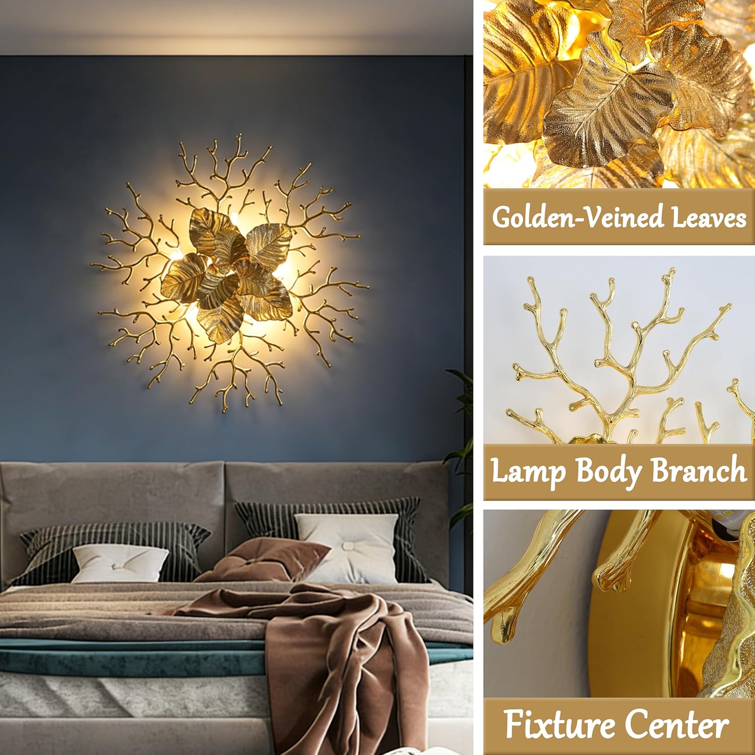 26 Inch Gold Leaf & Coral Branch Wall Sconce, 6-Light G9 Base Aluminium Wall Light, Luxury Decorative Fixture for Living Room, Bedroom & Dining Room