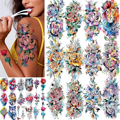 30 Sheets Large Watercolor Florals Temporary Tattoos for Women Girl