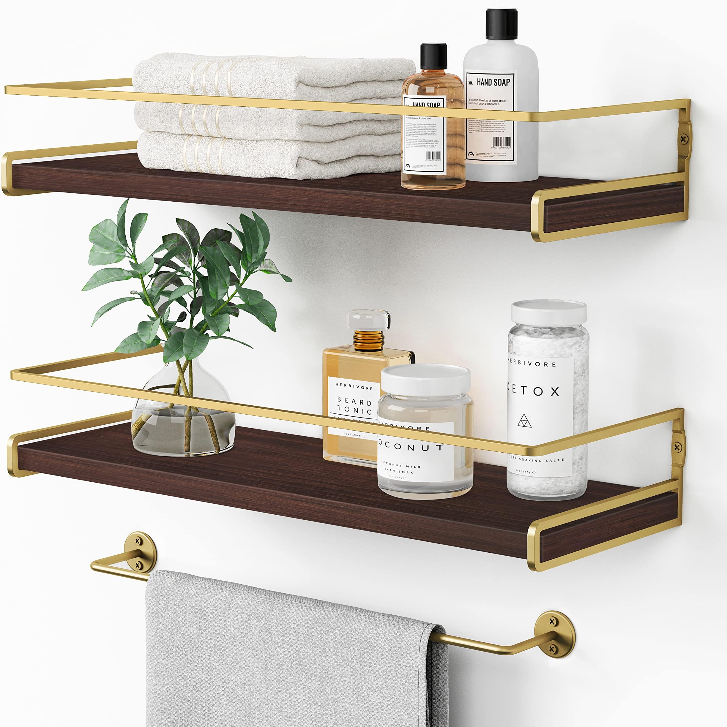 Floating Shelves Bathroom Shelves Over Toilet Set of 2, Bathroom Wall Shelves with Towel Bar, Wall Mounted Vanity Shelf for Bedroom, Kids Room, Kitchen (Brown & Gold)