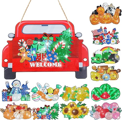 Xuhal 12 piezas de pintura magnética de diamantes para decoración de pared, colgante intercambiable, letrero de bienvenida de temporada,